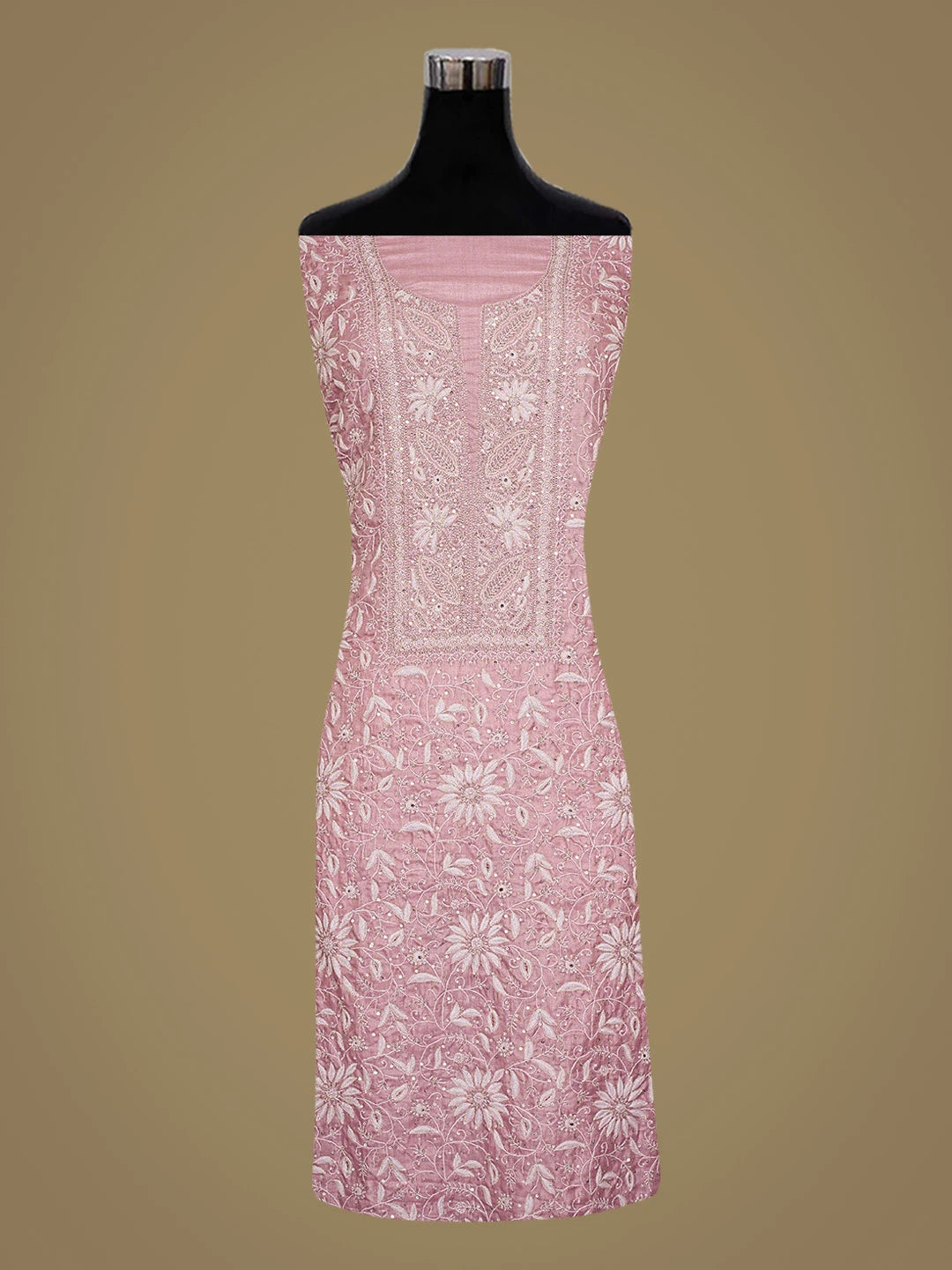 Ada Hand Embroidered Onion Pink Silk Lucknowi Chikankari Unstitched Suit Piece With Cutdana Work 01A759924