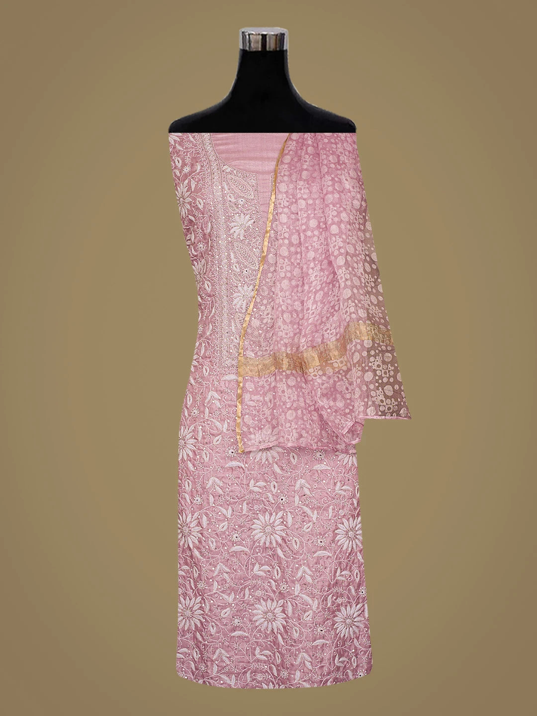 Ada Hand Embroidered Onion Pink Silk Lucknowi Chikankari Unstitched Suit Piece With Cutdana Work 01A759924