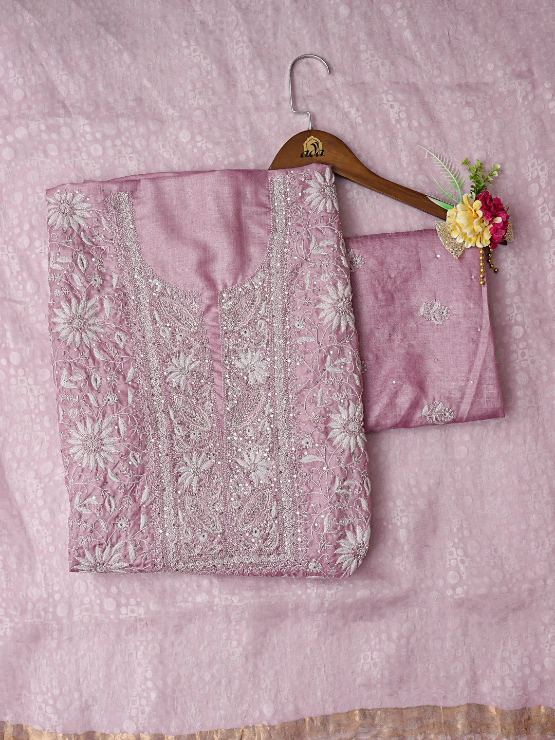 Ada Hand Embroidered Onion Pink Silk Lucknowi Chikankari Unstitched Suit Piece With Cutdana Work 01A759924