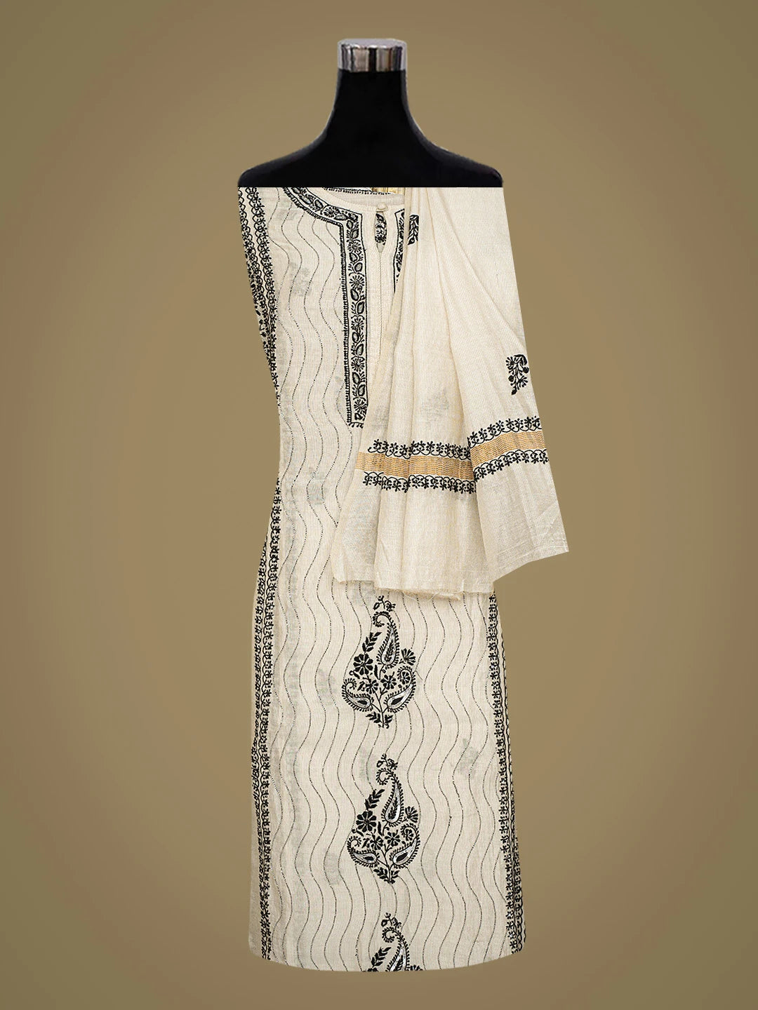 Ada Hand Embroidered Light Fawn Chanderi Lucknowi Chikankari Semi-stitched Kurta Dupatta Set With Cutdana Work 01A771340
