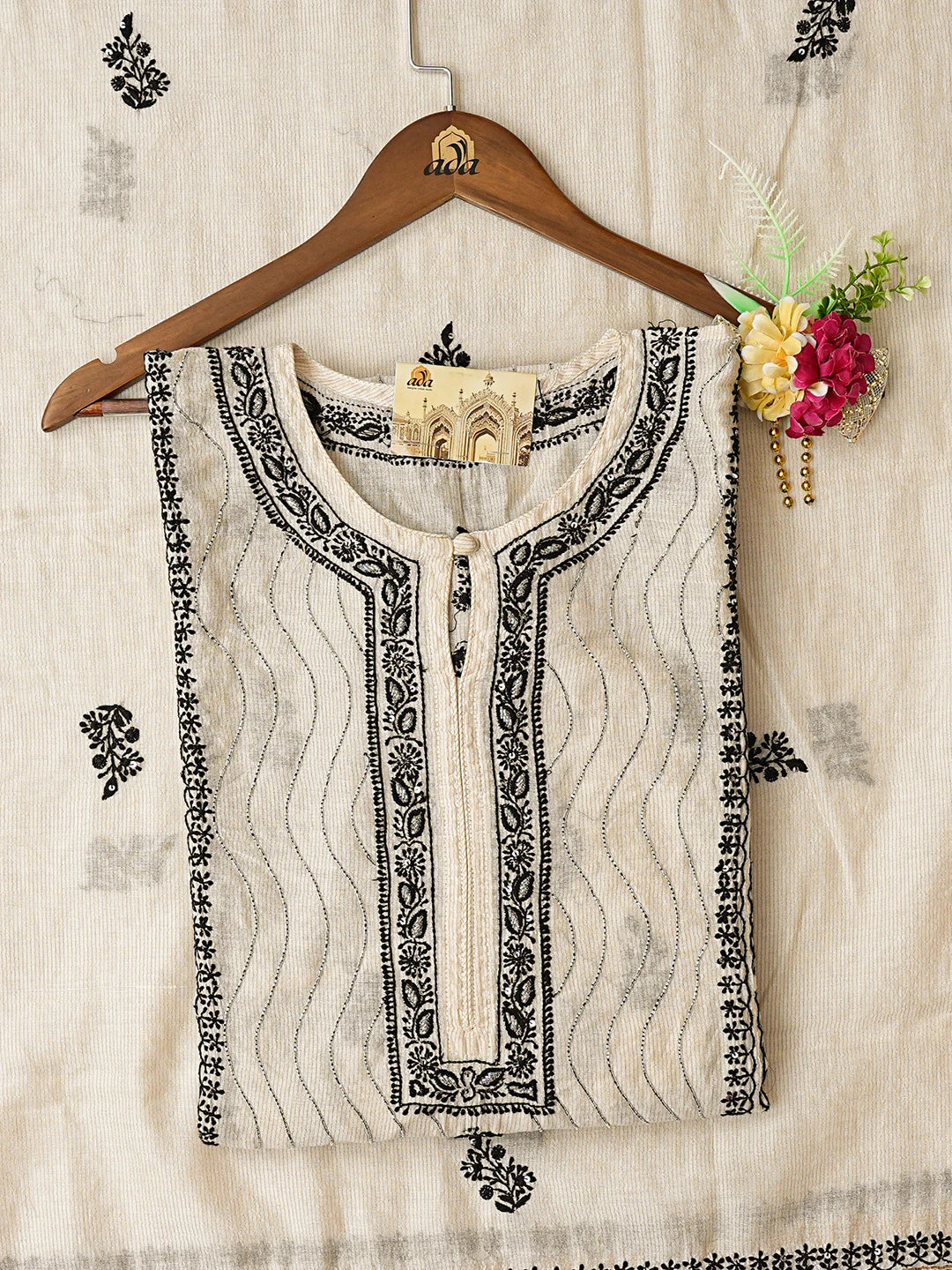 Ada Hand Embroidered Light Fawn Chanderi Lucknowi Chikankari Semi-stitched Kurta Dupatta Set With Cutdana Work 01A771340