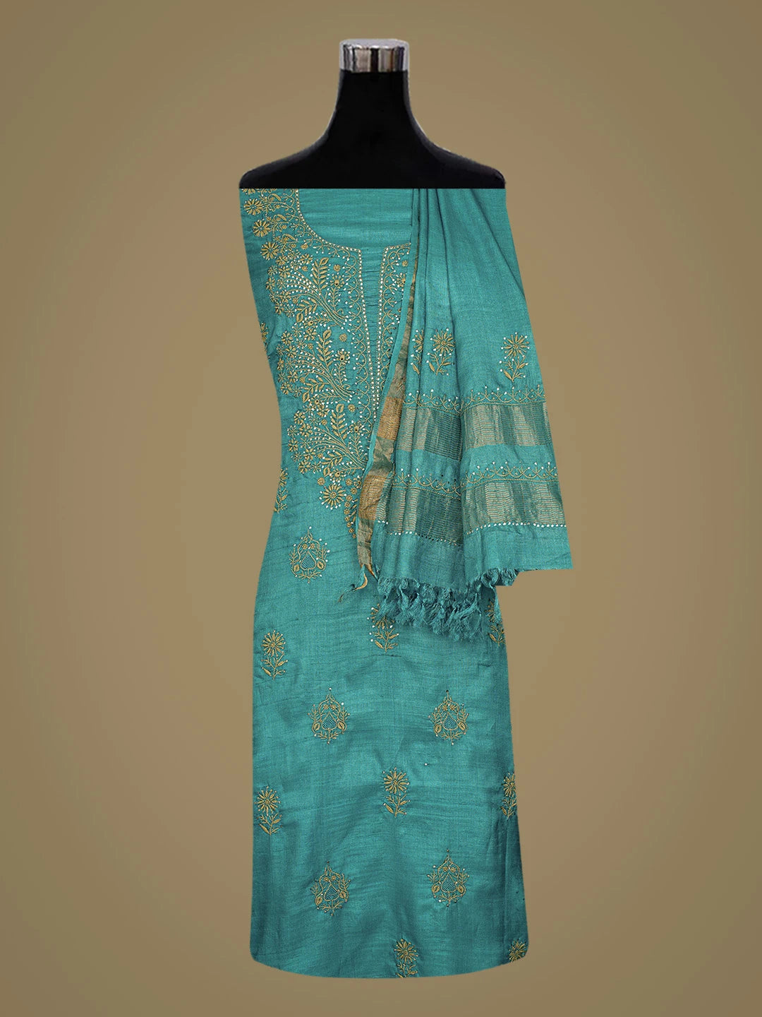 Ada Hand Embroidered Blue Silk Lucknowi Chikankari Unstitched Suit Piece With Muqaish Work 01A796702