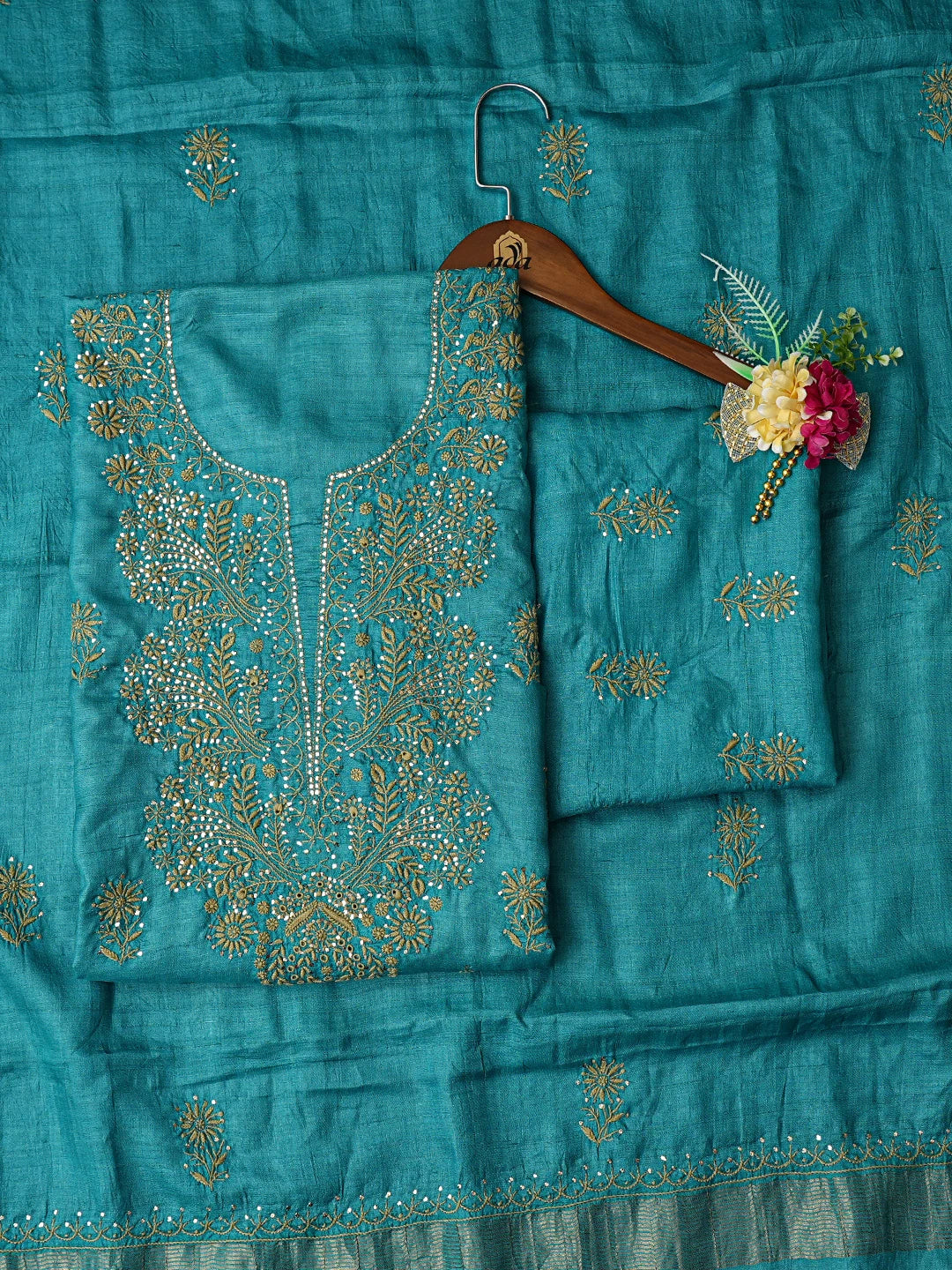 Ada Hand Embroidered Blue Silk Lucknowi Chikankari Unstitched Suit Piece With Muqaish Work 01A796702