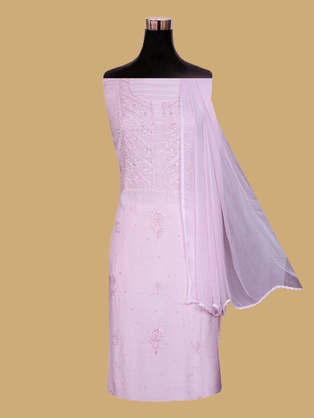Ada Hand Embroidered Pink Muslin Lucknowi Chikankari Unstitched Suit Piece With Cutdana Work 01A814842