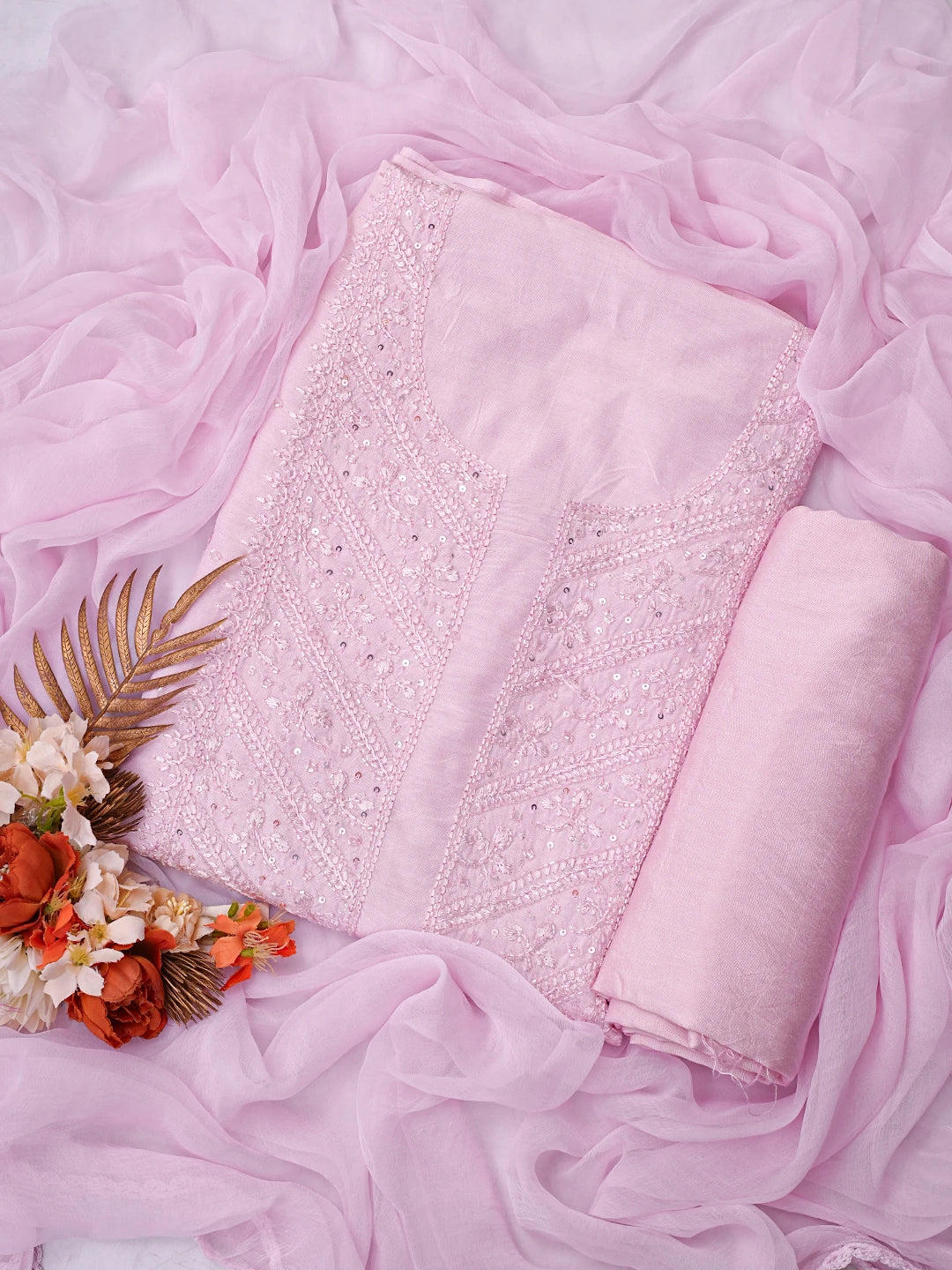 Ada Hand Embroidered Pink Muslin Lucknowi Chikankari Unstitched Suit Piece With Cutdana Work 01A814842