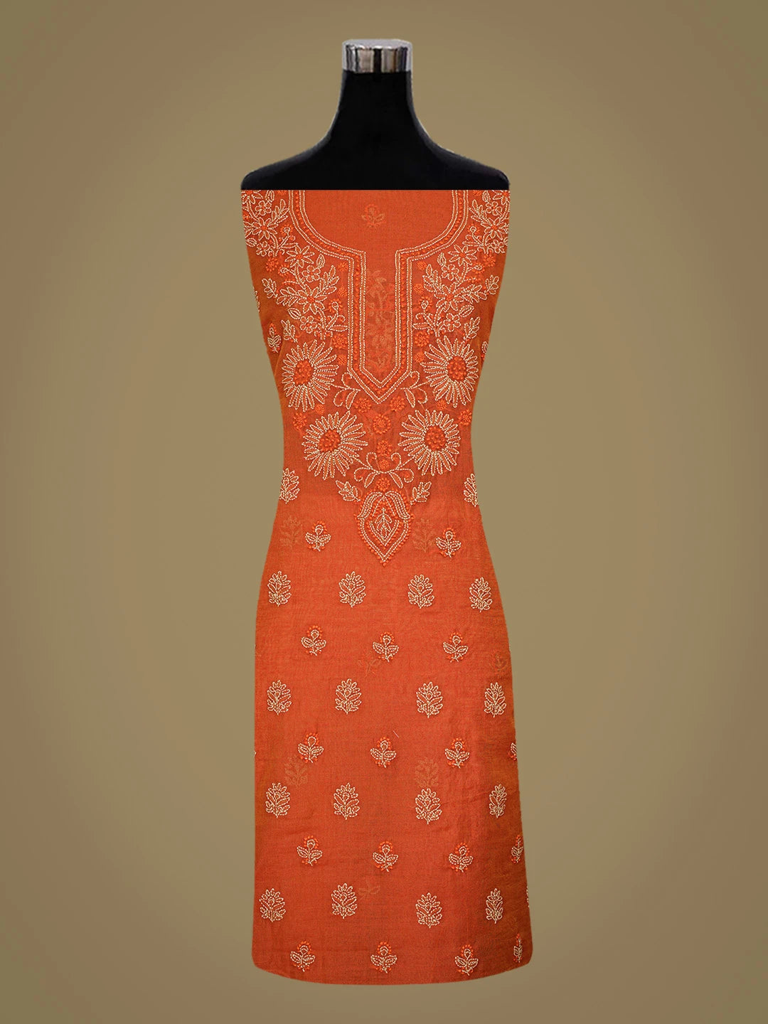 Ada Hand Embroidered Orange Chanderi Lucknowi Chikankari Unstitched Kurta Dupatta Set 01A766922