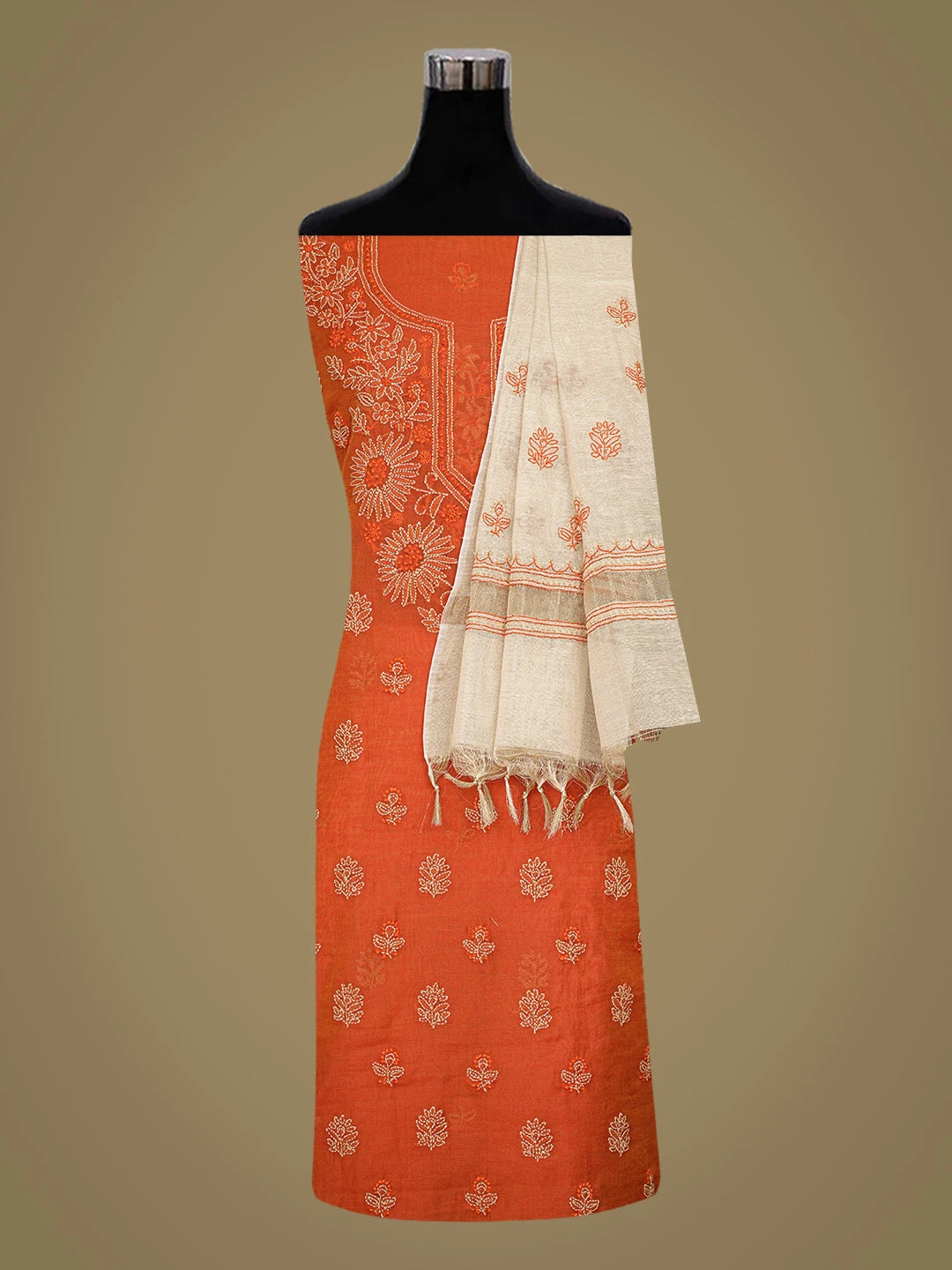 Ada Hand Embroidered Orange Chanderi Lucknowi Chikankari Unstitched Kurta Dupatta Set 01A766922