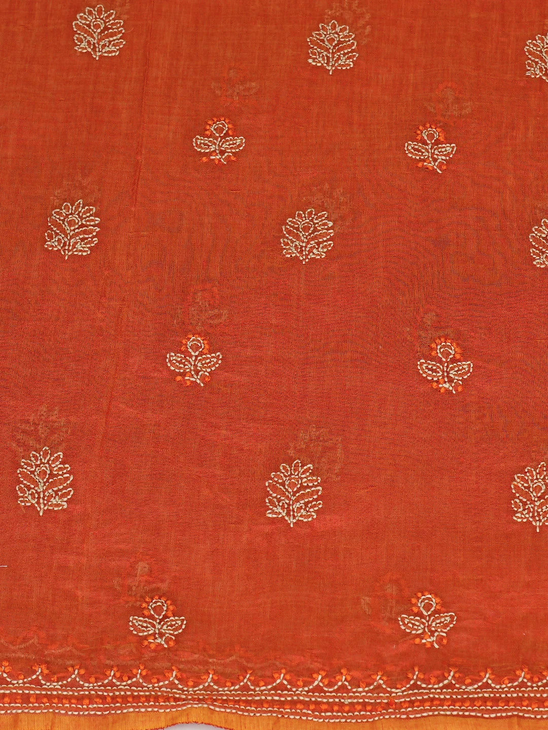 Ada Hand Embroidered Orange Chanderi Lucknowi Chikankari Unstitched Kurta Dupatta Set 01A766922