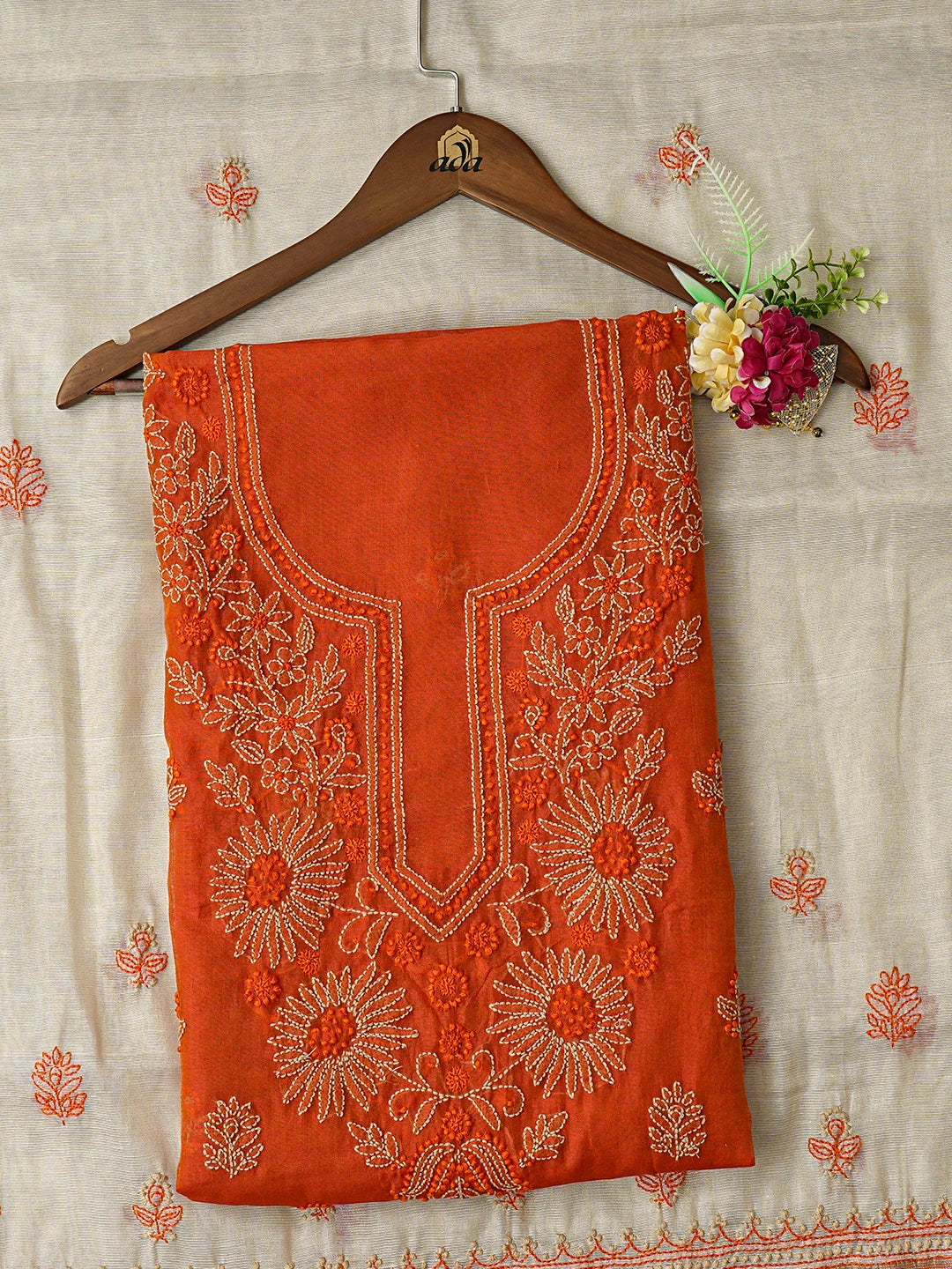 Ada Hand Embroidered Orange Chanderi Lucknowi Chikankari Unstitched Kurta Dupatta Set 01A766922