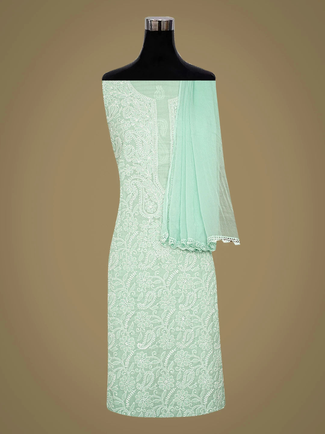 Ada Hand Embroidered Pastel Sea Green Cotton Lucknowi Chikankari Unstitched Suit Piece 01A782875
