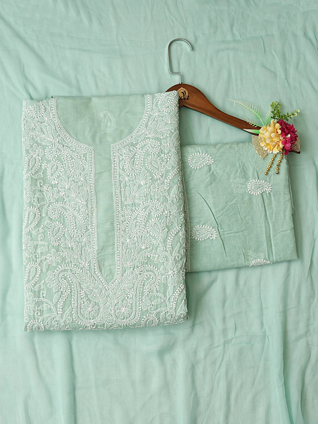 Ada Hand Embroidered Pastel Sea Green Cotton Lucknowi Chikankari Unstitched Suit Piece 01A782875