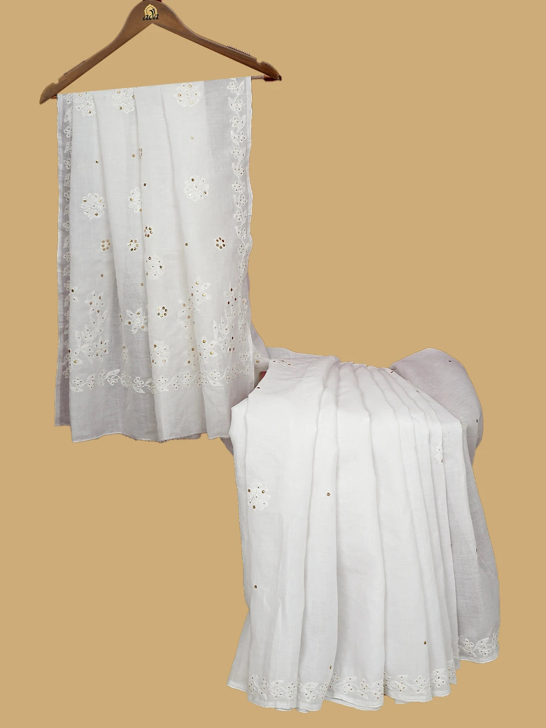 Ada Hand Embroidered White Cotton Lucknowi Chikankari Saree With Blouse With Muqaish Work 01A404759