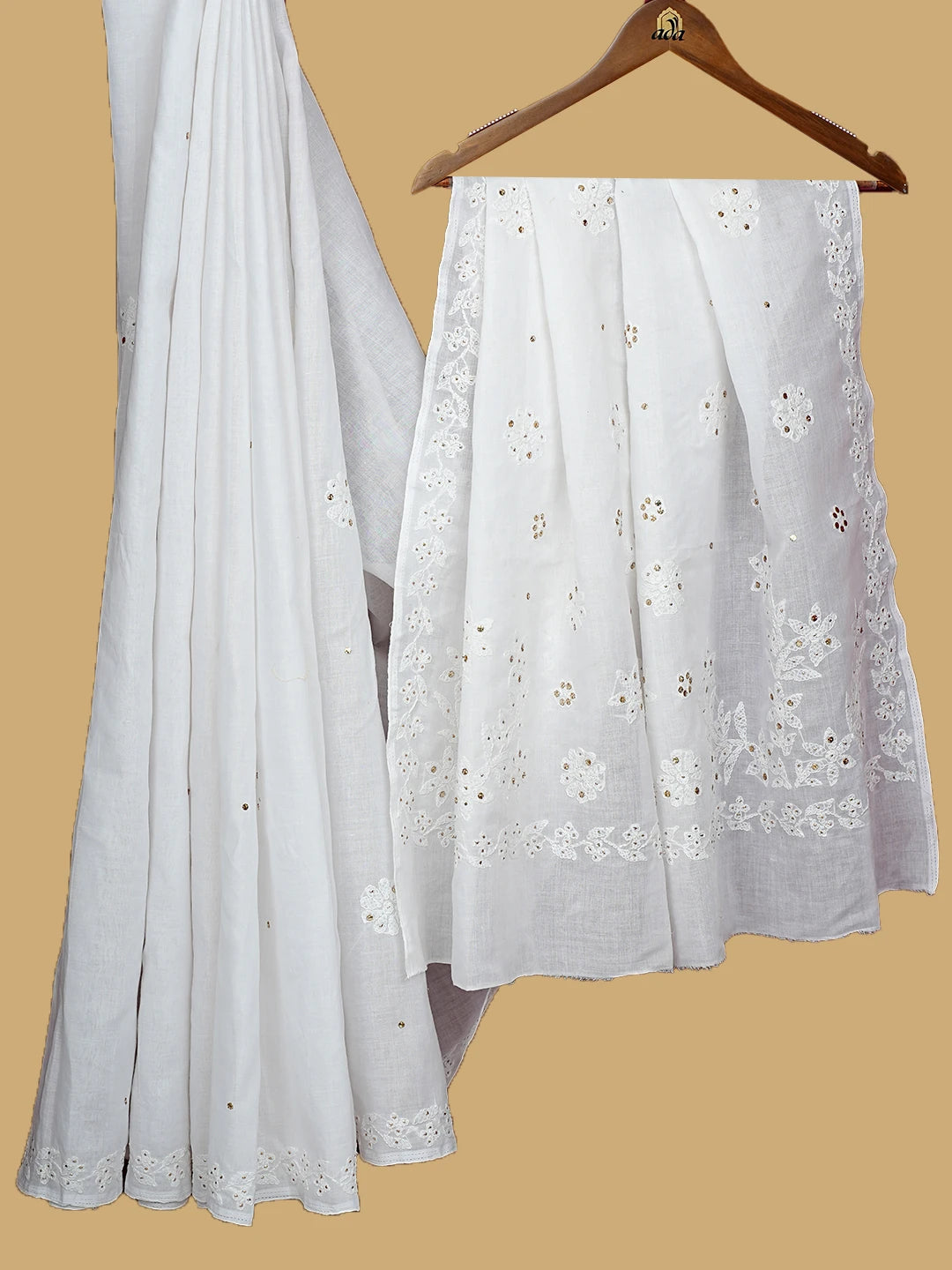 Ada Hand Embroidered White Cotton Lucknowi Chikankari Saree With Blouse With Muqaish Work 01A404759