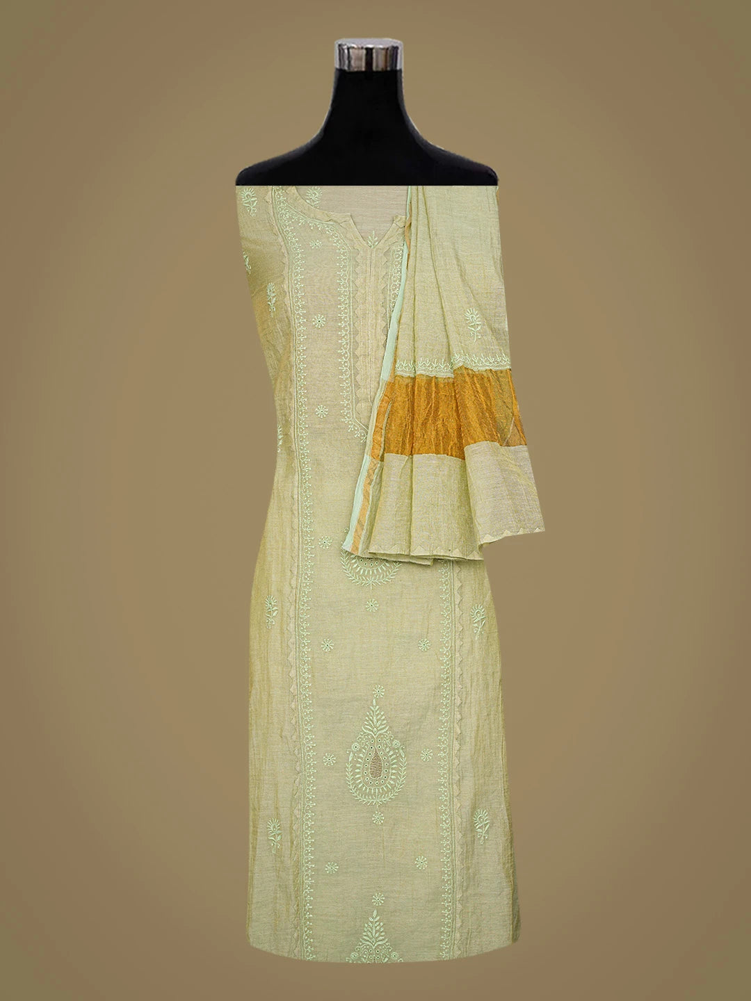Ada Hand Embroidered Pista Green Tissue Lucknowi Chikankari Semi-stitched Kurta Dupatta Set With Zari Taar Work 01A650949
