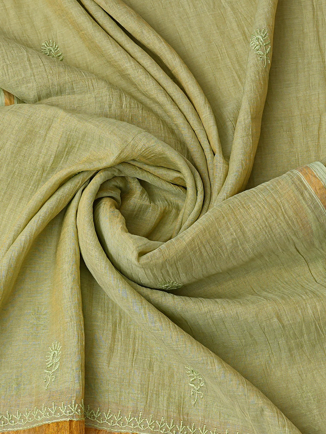 Ada Hand Embroidered Pista Green Tissue Lucknowi Chikankari Semi-stitched Kurta Dupatta Set With Zari Taar Work 01A650949