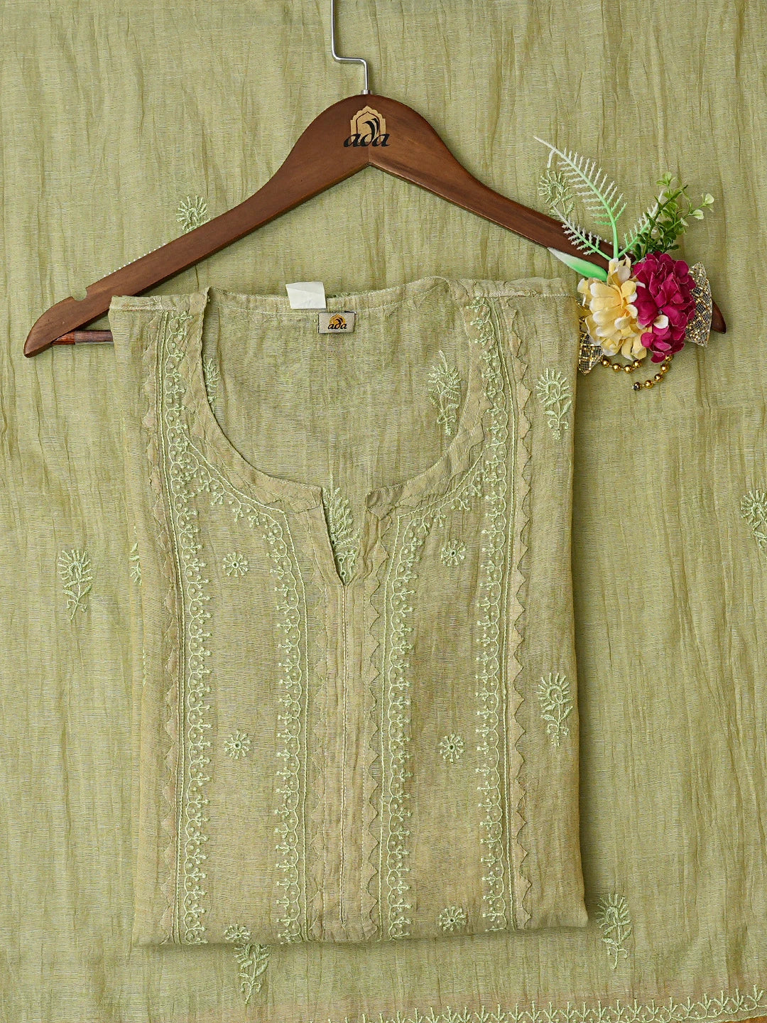 Ada Hand Embroidered Pista Green Tissue Lucknowi Chikankari Semi-stitched Kurta Dupatta Set With Zari Taar Work 01A650949