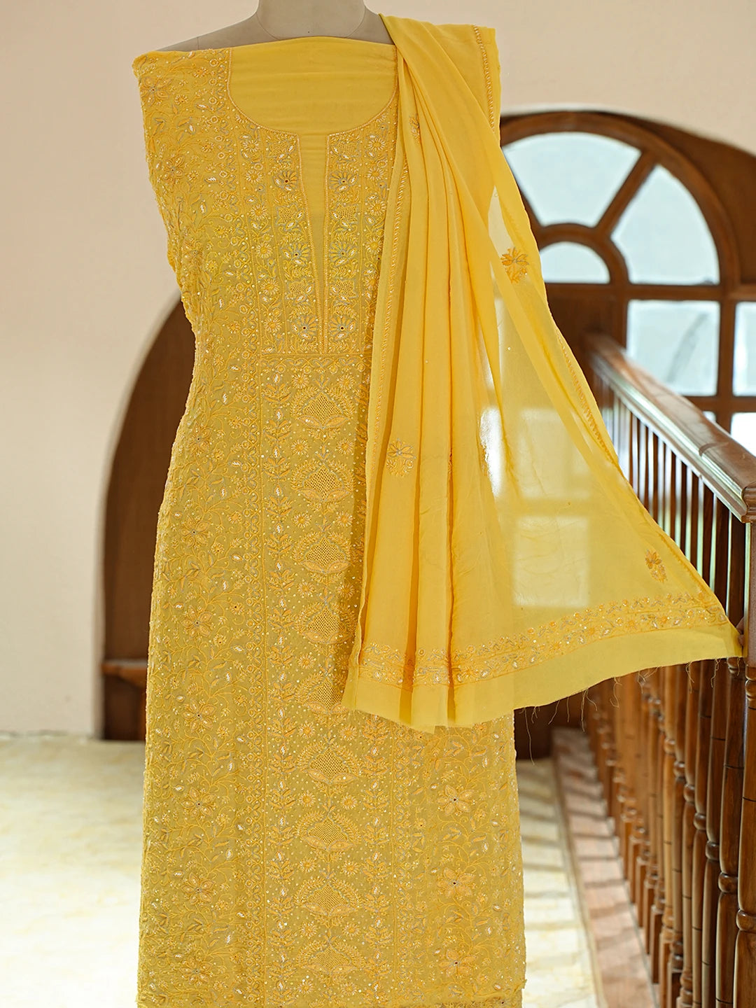 Ada Hand Embroidered Yellow Pure Georgette Lucknowi Chikankari Unstitched Kurta Dupatta Set With Cutdana Work 01A712916