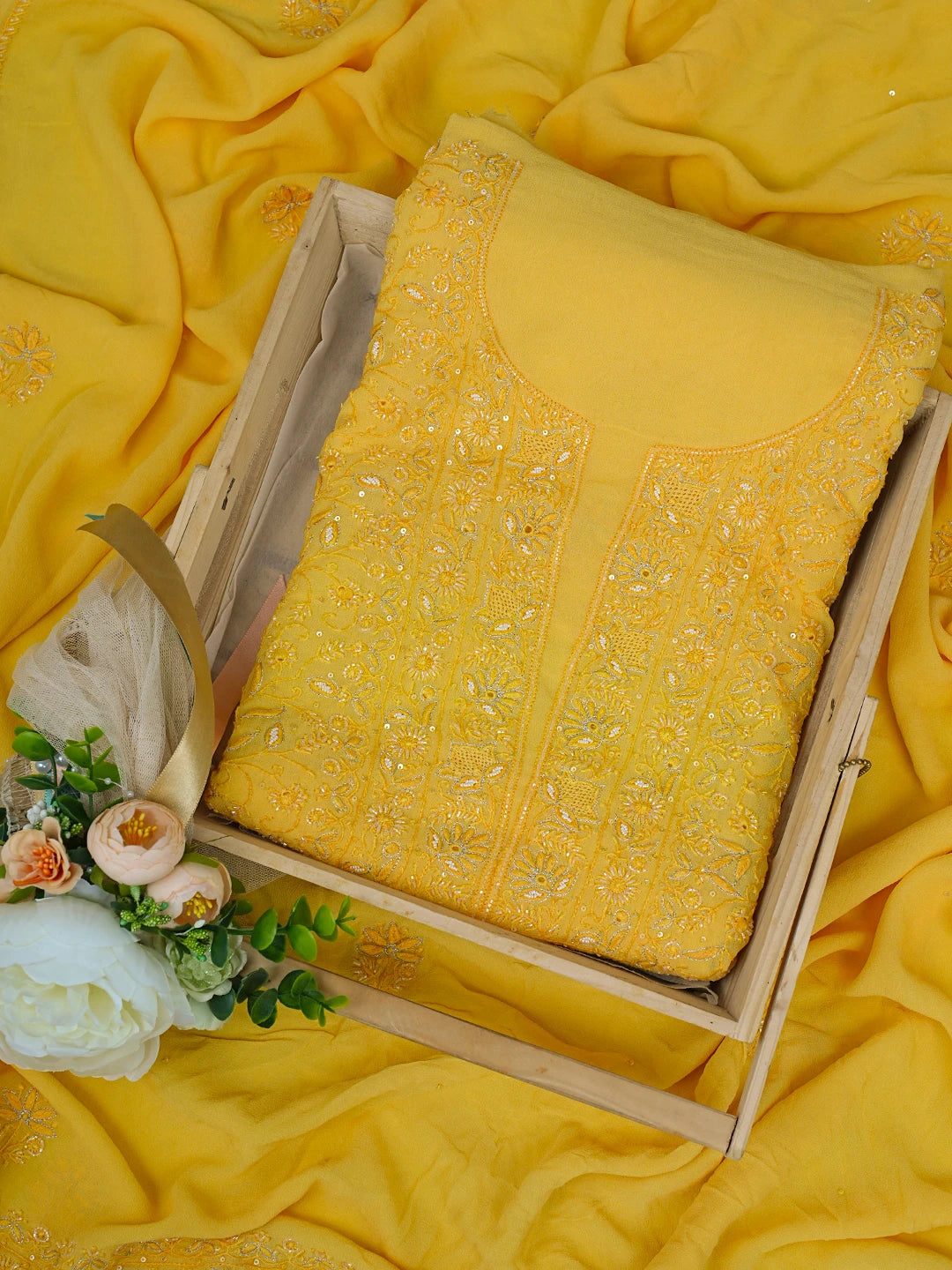 Ada Hand Embroidered Yellow Pure Georgette Lucknowi Chikankari Unstitched Kurta Dupatta Set With Cutdana Work 01A712916