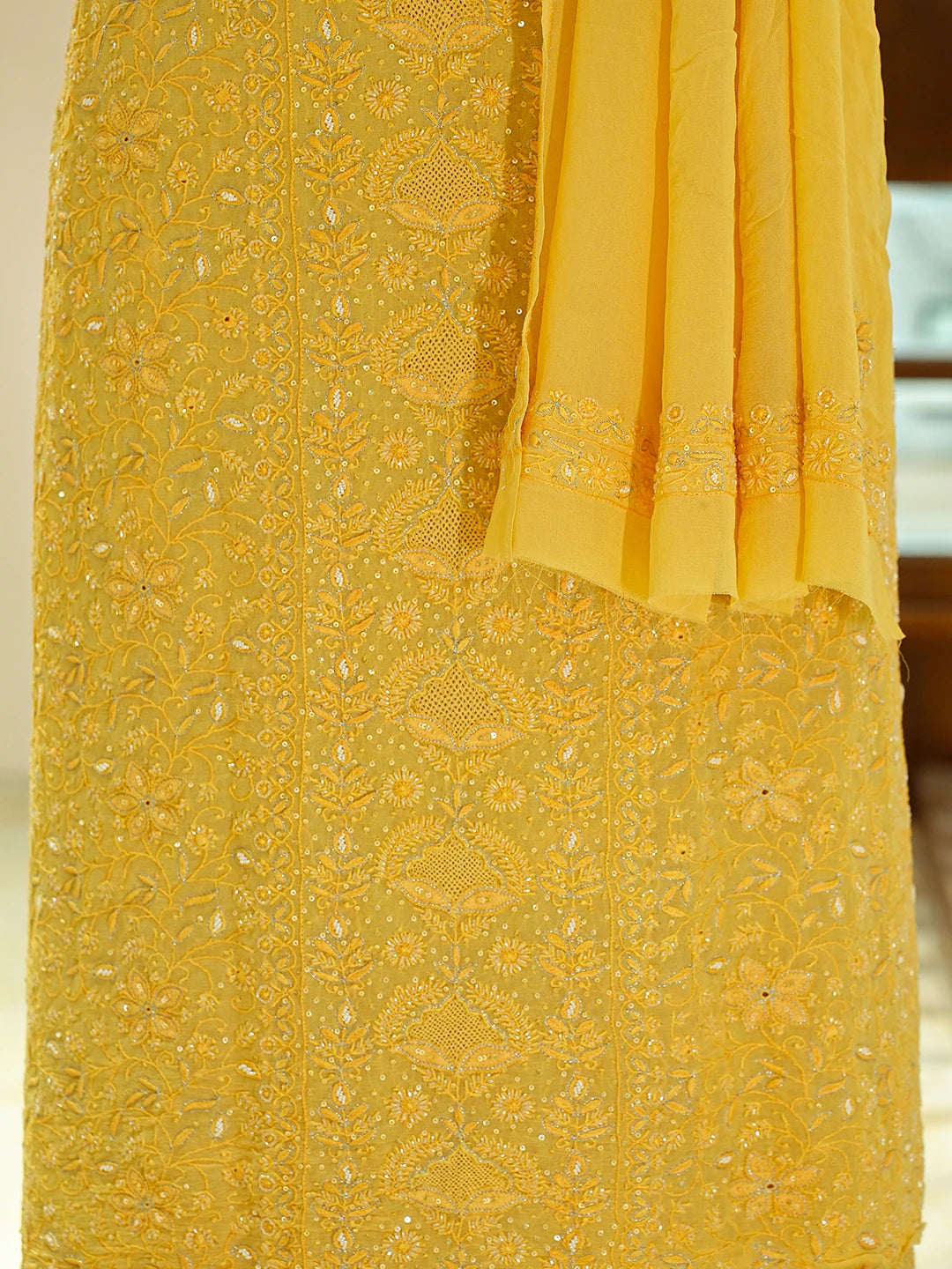 Ada Hand Embroidered Yellow Pure Georgette Lucknowi Chikankari Unstitched Kurta Dupatta Set With Cutdana Work 01A712916