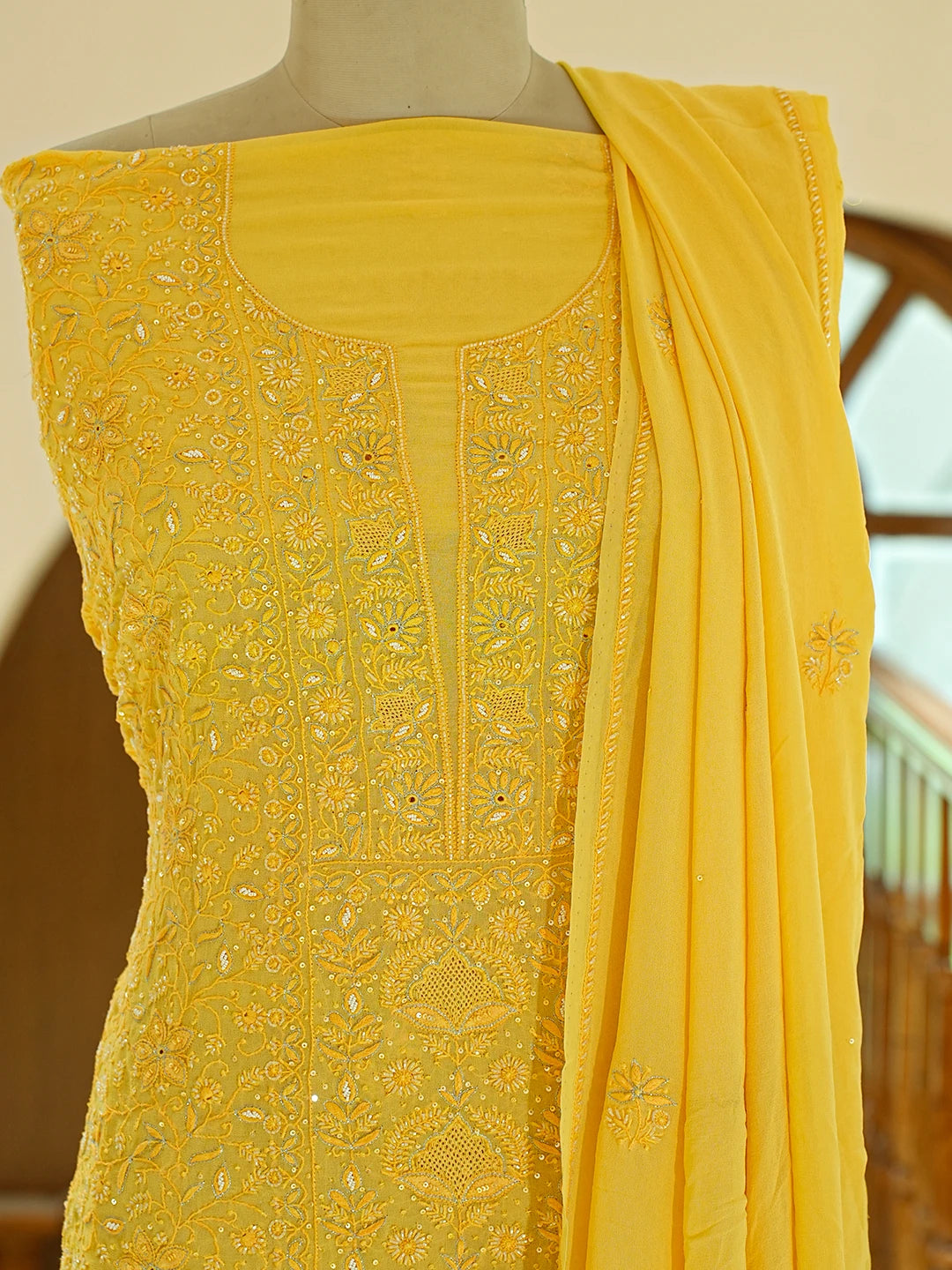 Ada Hand Embroidered Yellow Pure Georgette Lucknowi Chikankari Unstitched Kurta Dupatta Set With Cutdana Work 01A712916