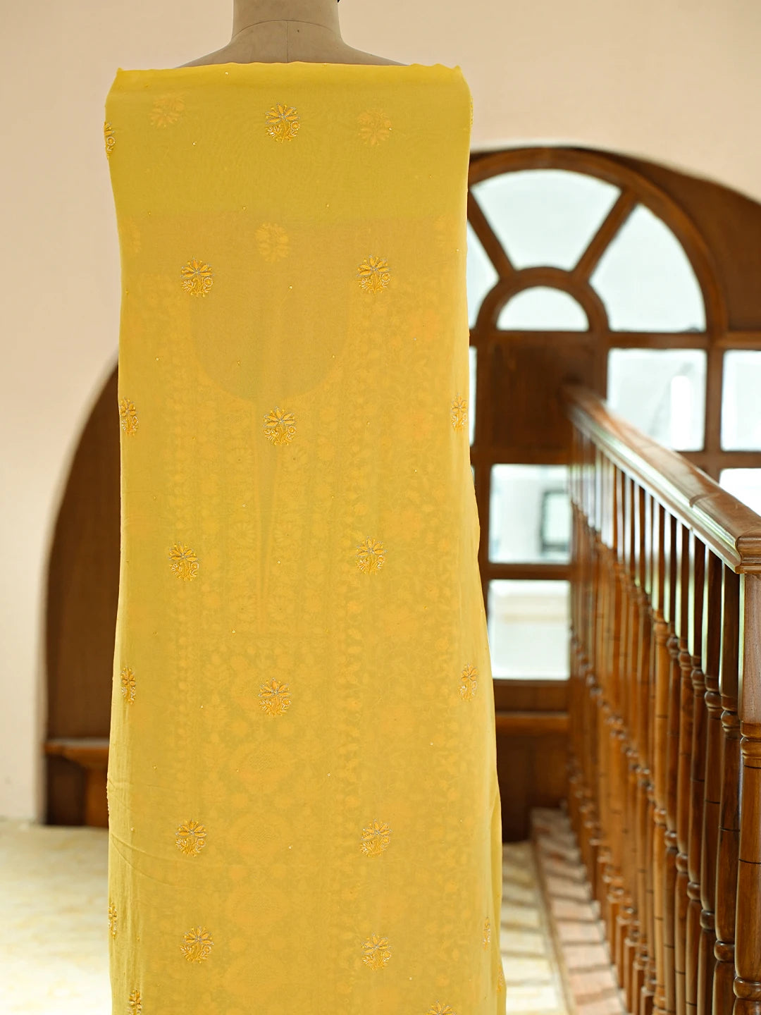 Ada Hand Embroidered Yellow Pure Georgette Lucknowi Chikankari Unstitched Kurta Dupatta Set With Cutdana Work 01A712916
