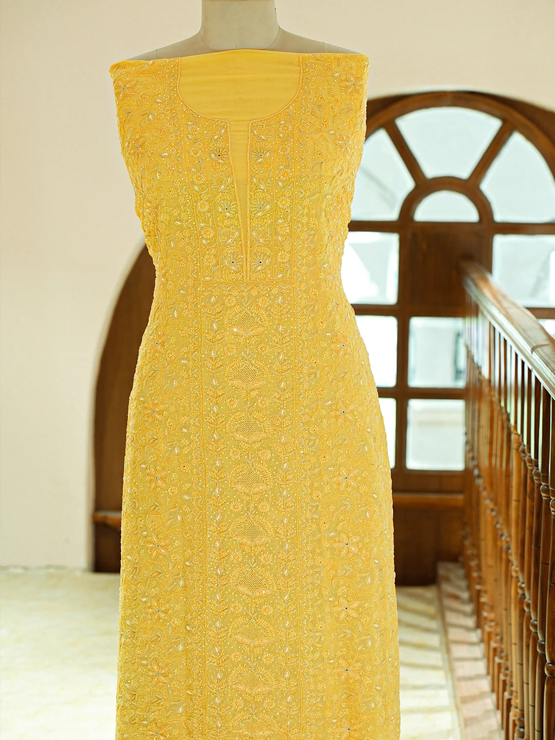 Ada Hand Embroidered Yellow Pure Georgette Lucknowi Chikankari Unstitched Kurta Dupatta Set With Cutdana Work 01A712916