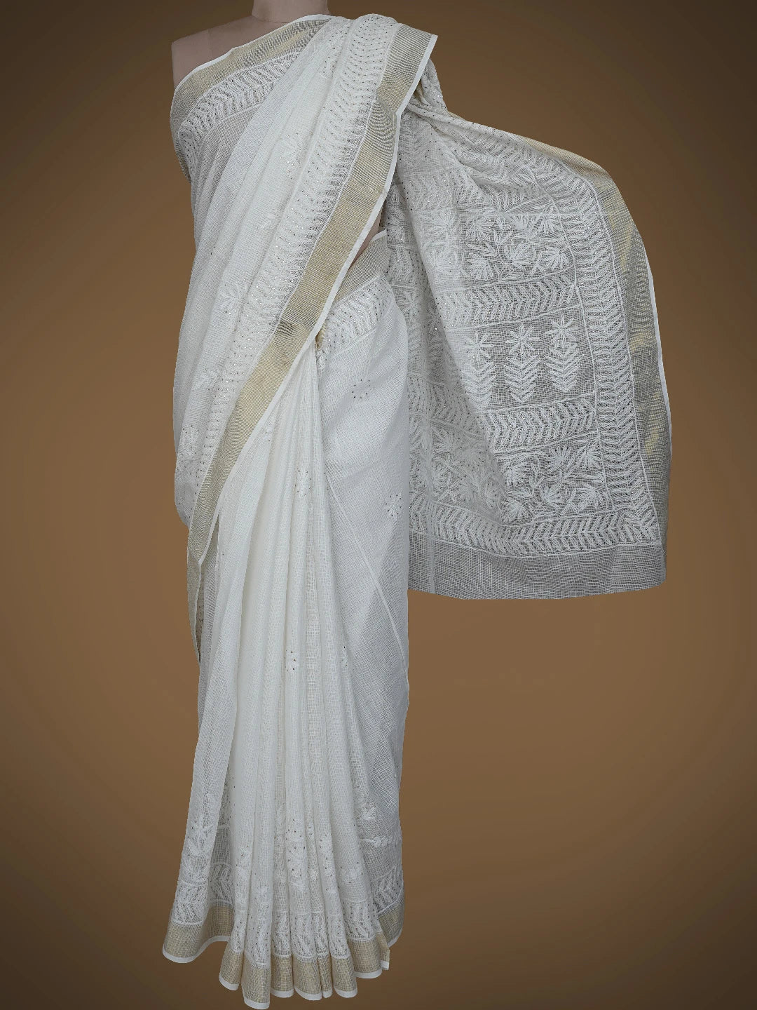 Ada Hand Embroidered White Kota Lucknowi Chikankari Saree and Blouse With Muqaish Work 01A754484