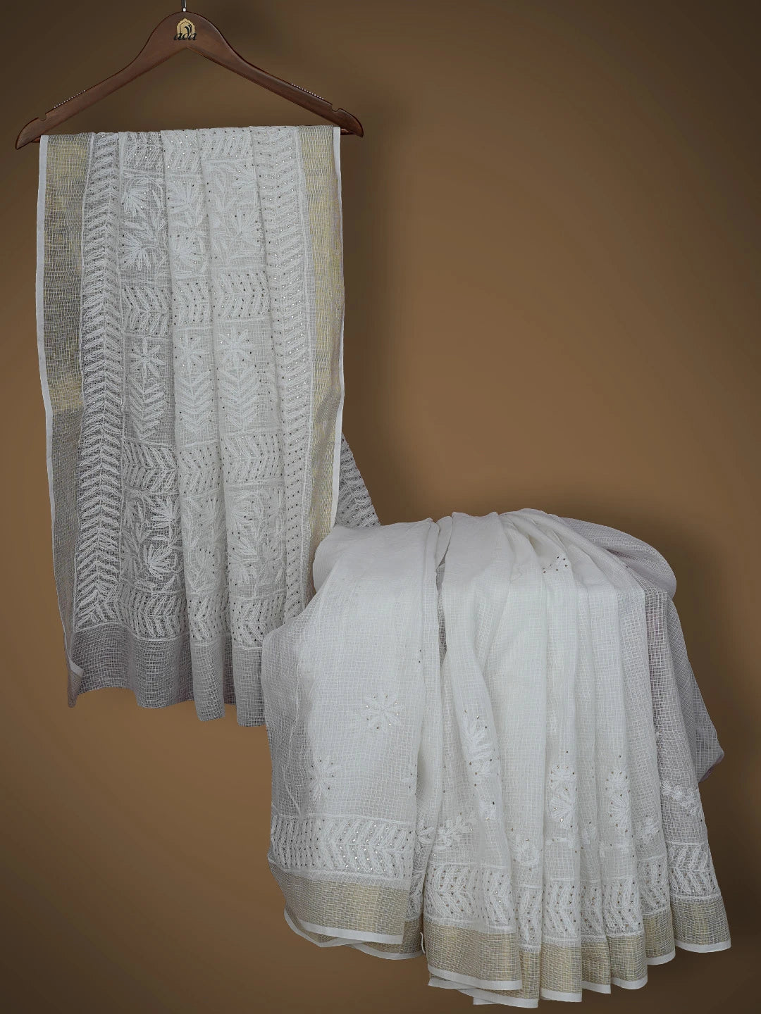 Ada Hand Embroidered White Kota Lucknowi Chikankari Saree and Blouse With Muqaish Work 01A754484