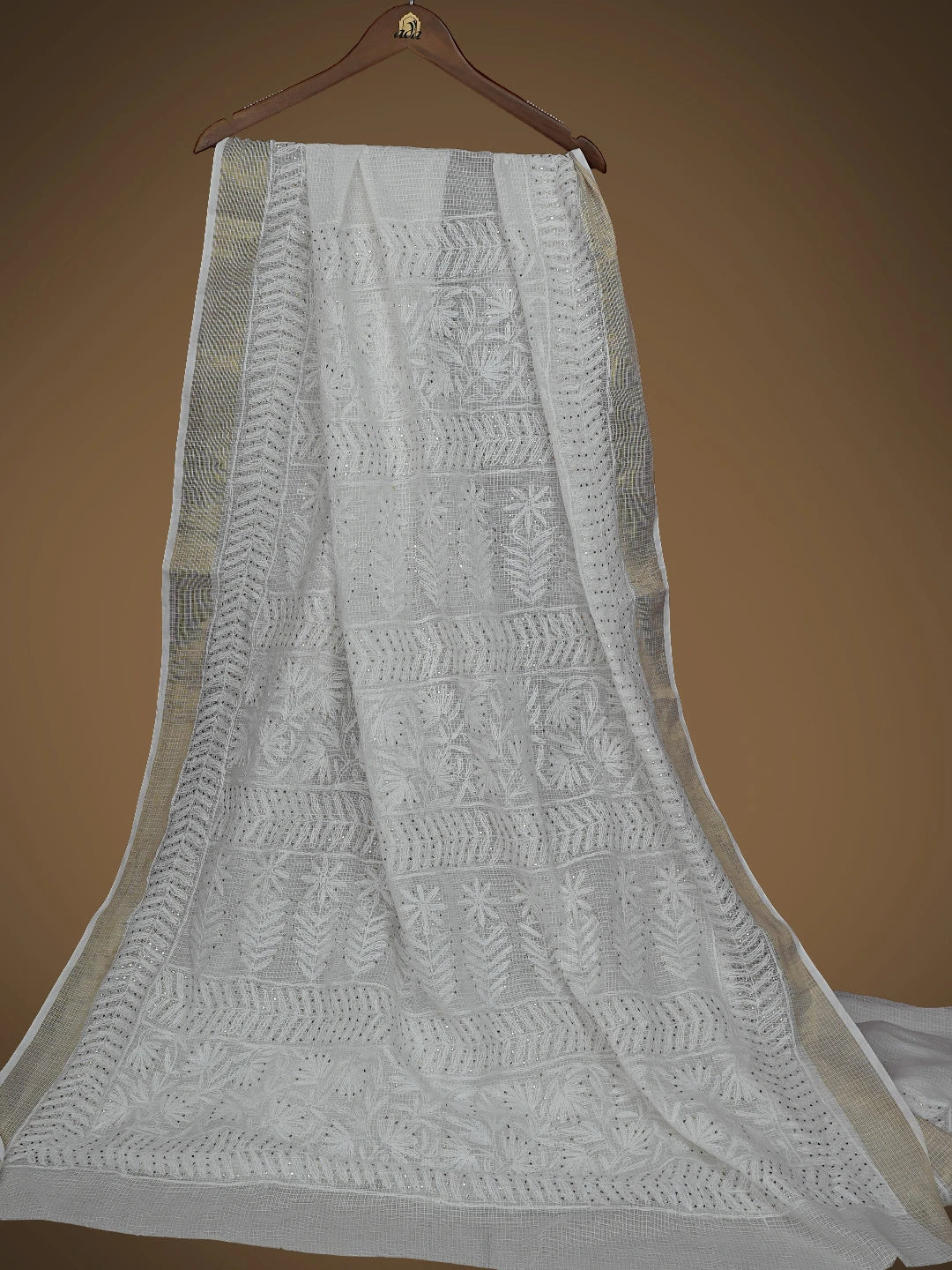 Ada Hand Embroidered White Kota Lucknowi Chikankari Saree and Blouse With Muqaish Work 01A754484