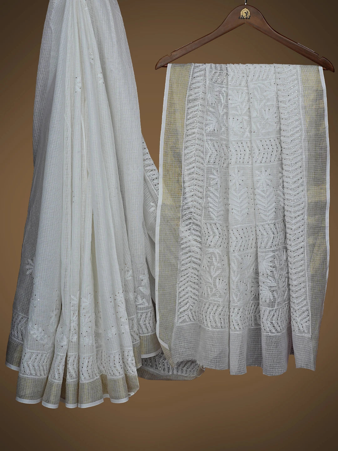Ada Hand Embroidered White Kota Lucknowi Chikankari Saree and Blouse With Muqaish Work 01A754484