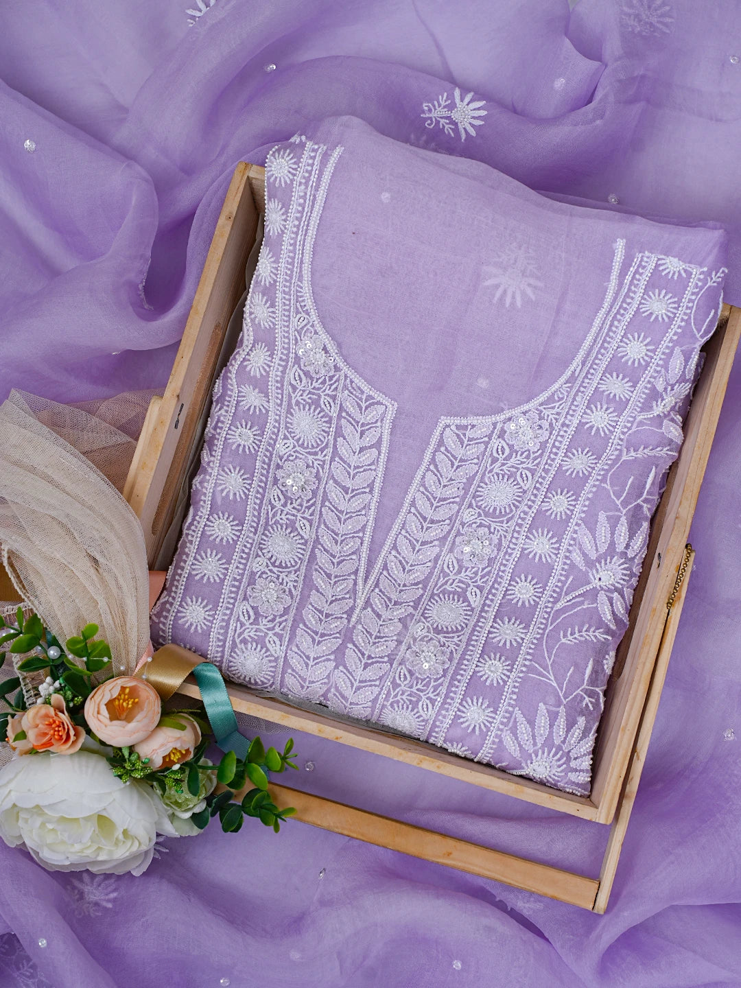 Ada Hand Embroidered Mauve Organza Lucknowi Chikankari Unstitched Kurta Dupatta Set With Cutdana Work 01A781916