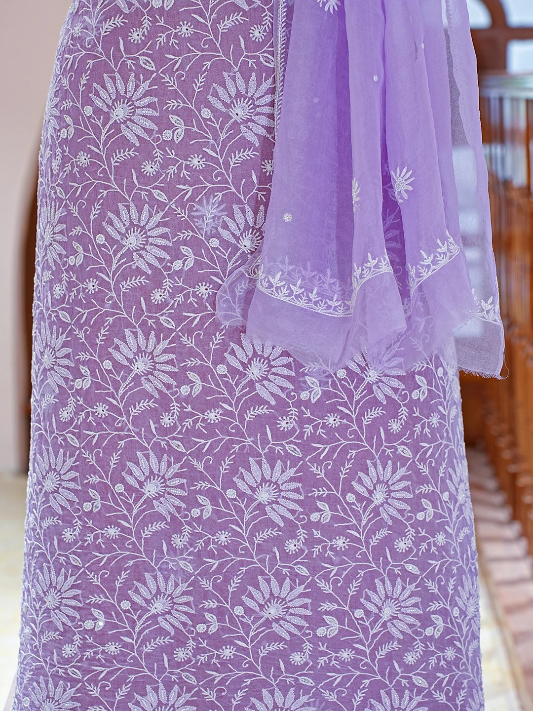 Ada Hand Embroidered Mauve Organza Lucknowi Chikankari Unstitched Kurta Dupatta Set With Cutdana Work 01A781916