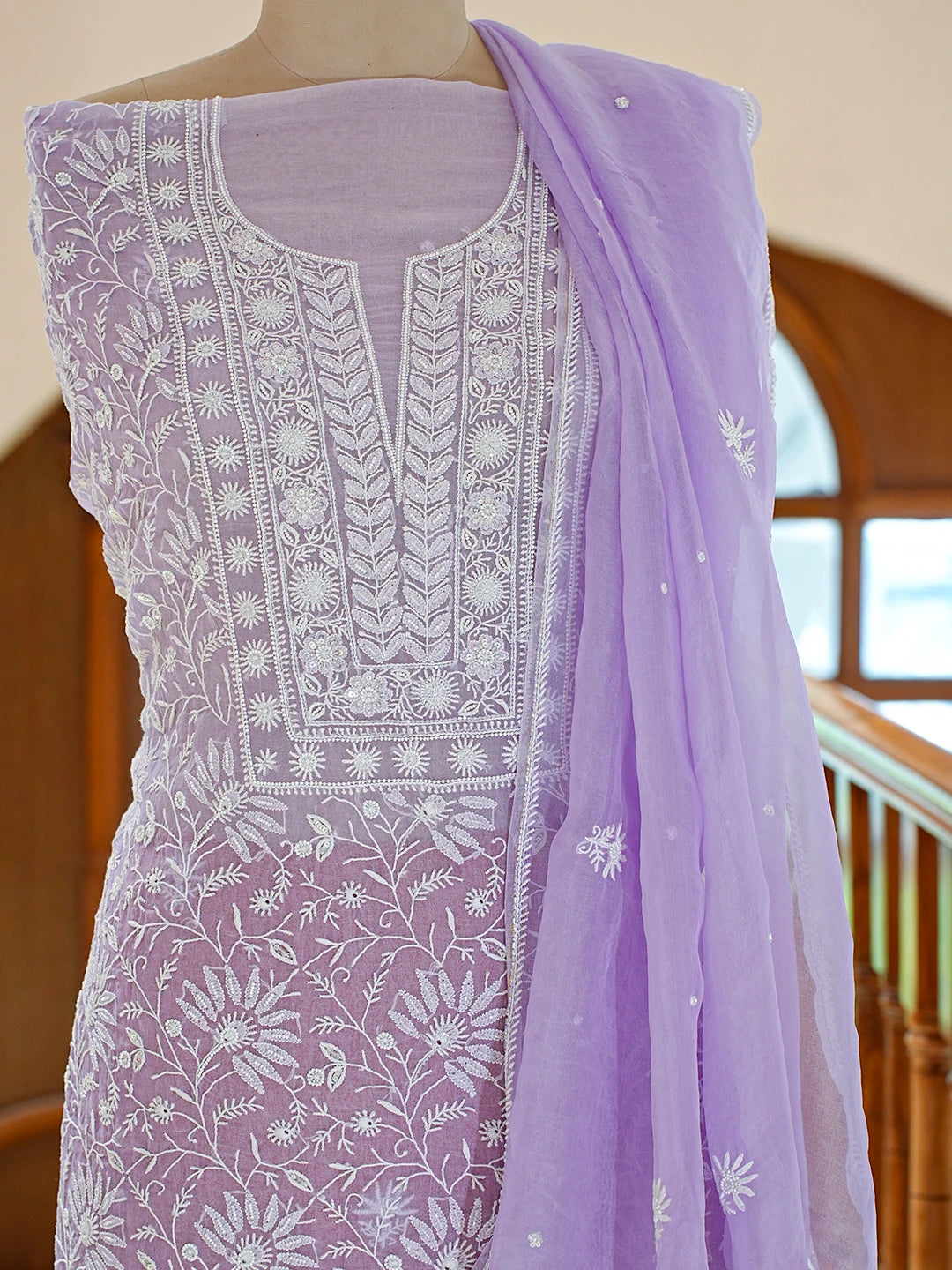 Ada Hand Embroidered Mauve Organza Lucknowi Chikankari Unstitched Kurta Dupatta Set With Cutdana Work 01A781916