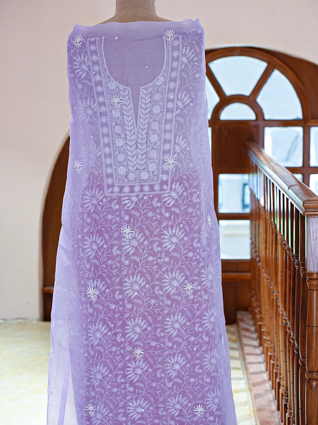 Ada Hand Embroidered Mauve Organza Lucknowi Chikankari Unstitched Kurta Dupatta Set With Cutdana Work 01A781916