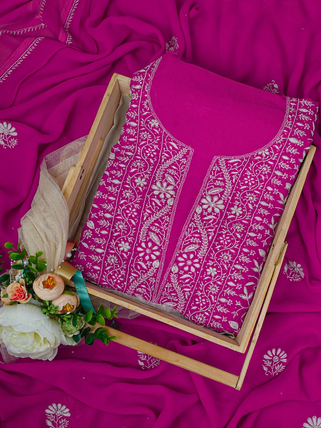 Ada Hand Embroidered Magenta Viscose Georgette Lucknowi Chikankari Unstitched Kurta Dupatta Set With Cutdana Work 01A705083