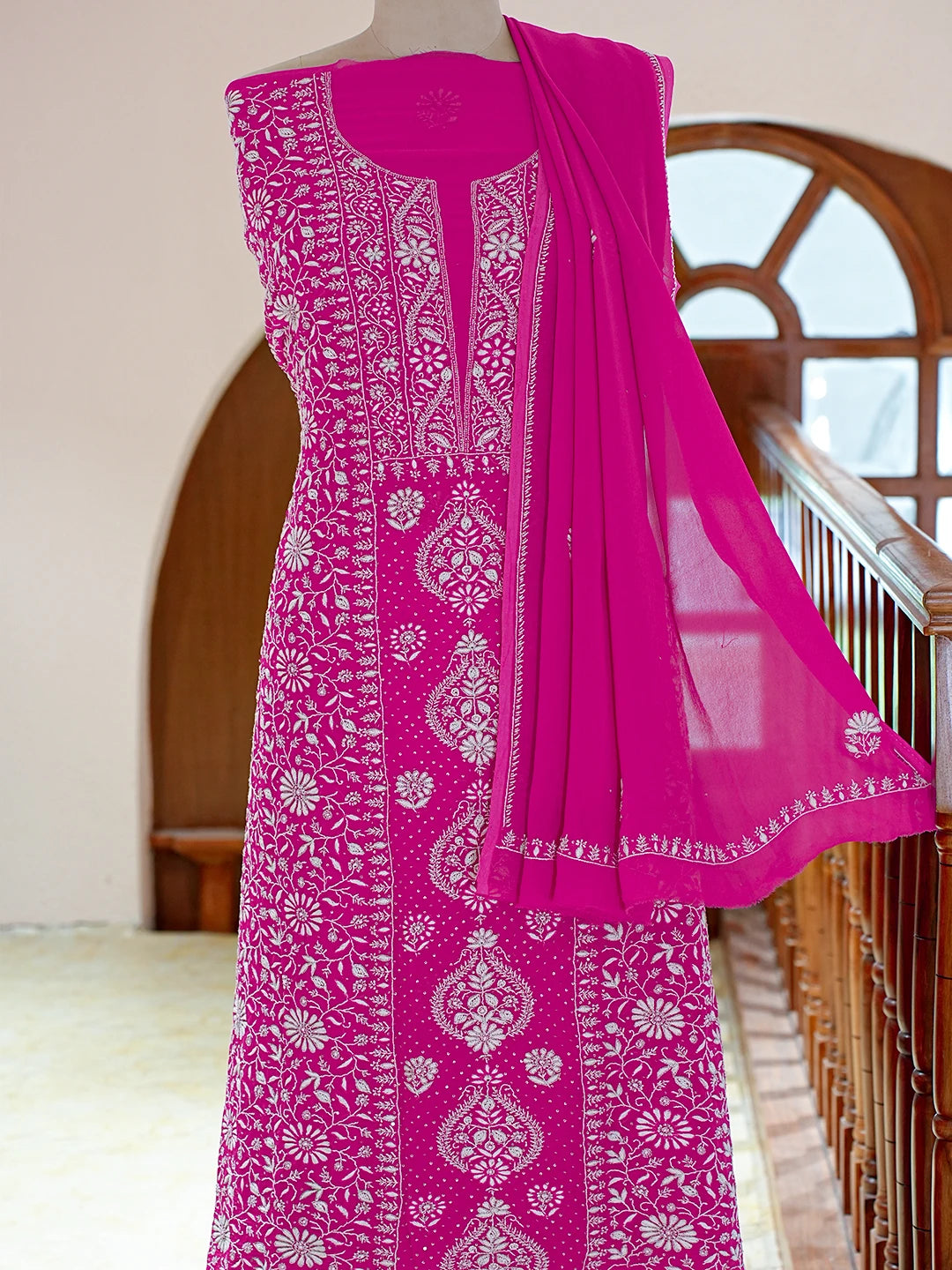 Ada Hand Embroidered Magenta Viscose Georgette Lucknowi Chikankari Unstitched Kurta Dupatta Set With Cutdana Work 01A705083