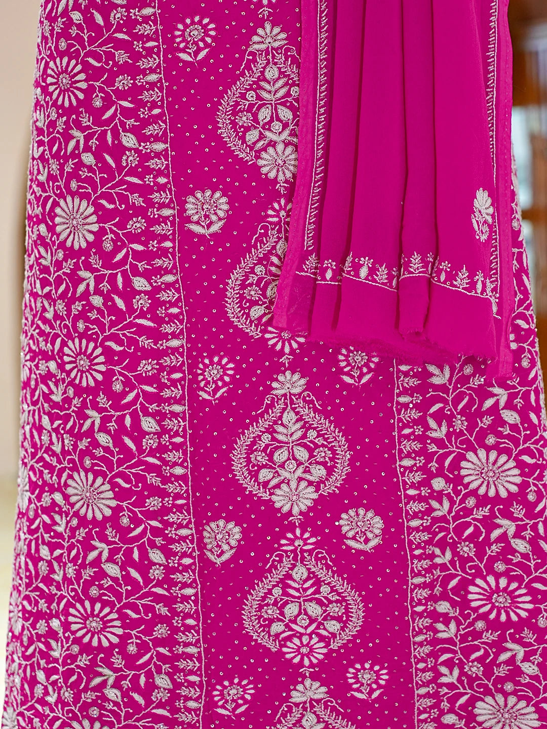 Ada Hand Embroidered Magenta Viscose Georgette Lucknowi Chikankari Unstitched Kurta Dupatta Set With Cutdana Work 01A705083