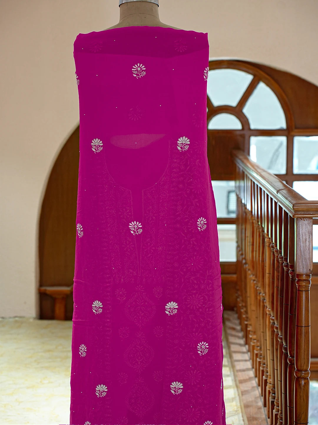 Ada Hand Embroidered Magenta Viscose Georgette Lucknowi Chikankari Unstitched Kurta Dupatta Set With Cutdana Work 01A705083
