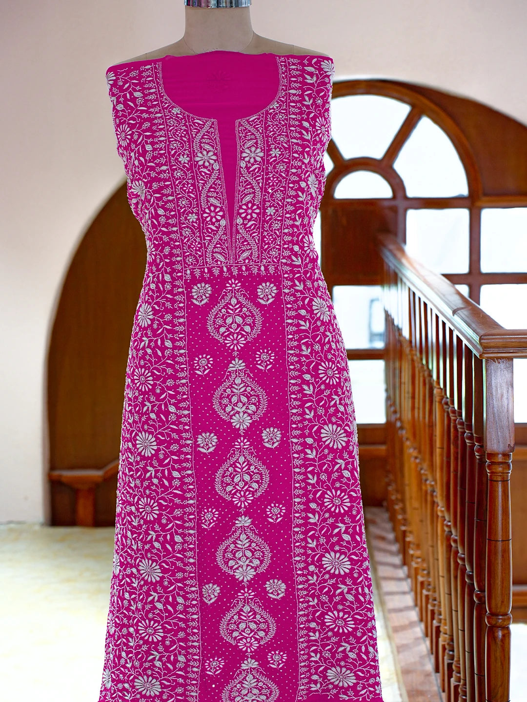 Ada Hand Embroidered Magenta Viscose Georgette Lucknowi Chikankari Unstitched Kurta Dupatta Set With Cutdana Work 01A705083