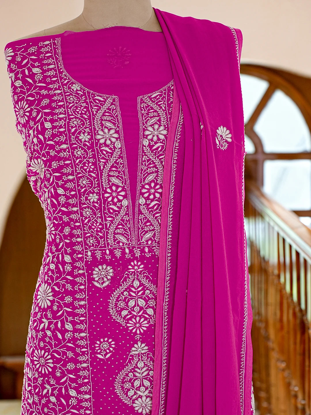 Ada Hand Embroidered Magenta Viscose Georgette Lucknowi Chikankari Unstitched Kurta Dupatta Set With Cutdana Work 01A705083