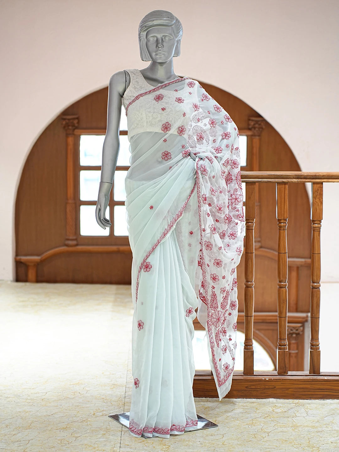 Ada Hand Embroidered Light Blue Georgette Lucknowi Chikankari Saree and Blouse 01A823383
