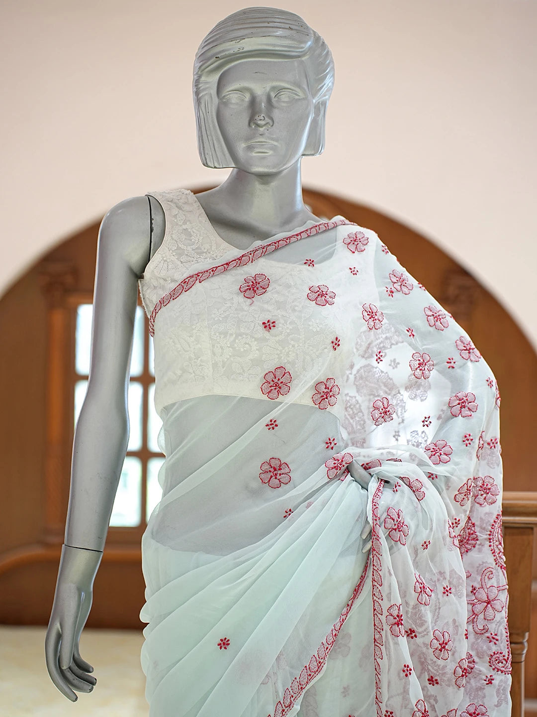 Ada Hand Embroidered Light Blue Georgette Lucknowi Chikankari Saree and Blouse 01A823383