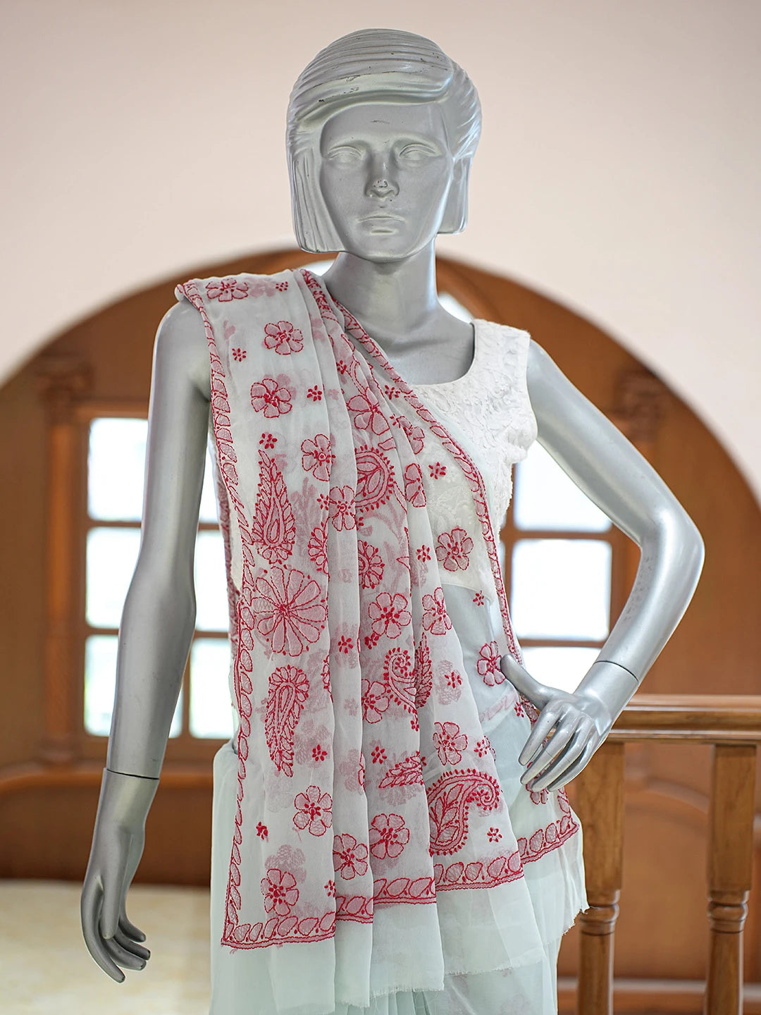 Ada Hand Embroidered Light Blue Georgette Lucknowi Chikankari Saree and Blouse 01A823383