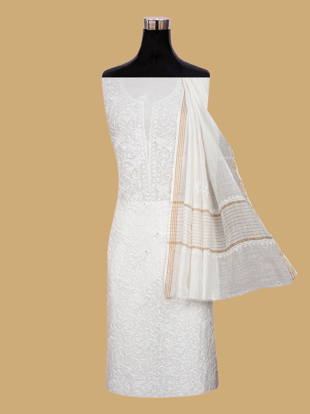Ada Hand Embroidered White Chanderi Lucknowi Chikankari Unstitched Kurta Dupatta Set With Pearl Work 01A818461