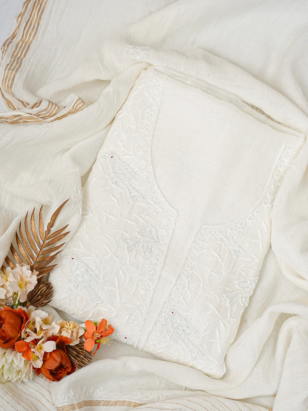 Ada Hand Embroidered White Chanderi Lucknowi Chikankari Unstitched Kurta Dupatta Set With Pearl Work 01A818461