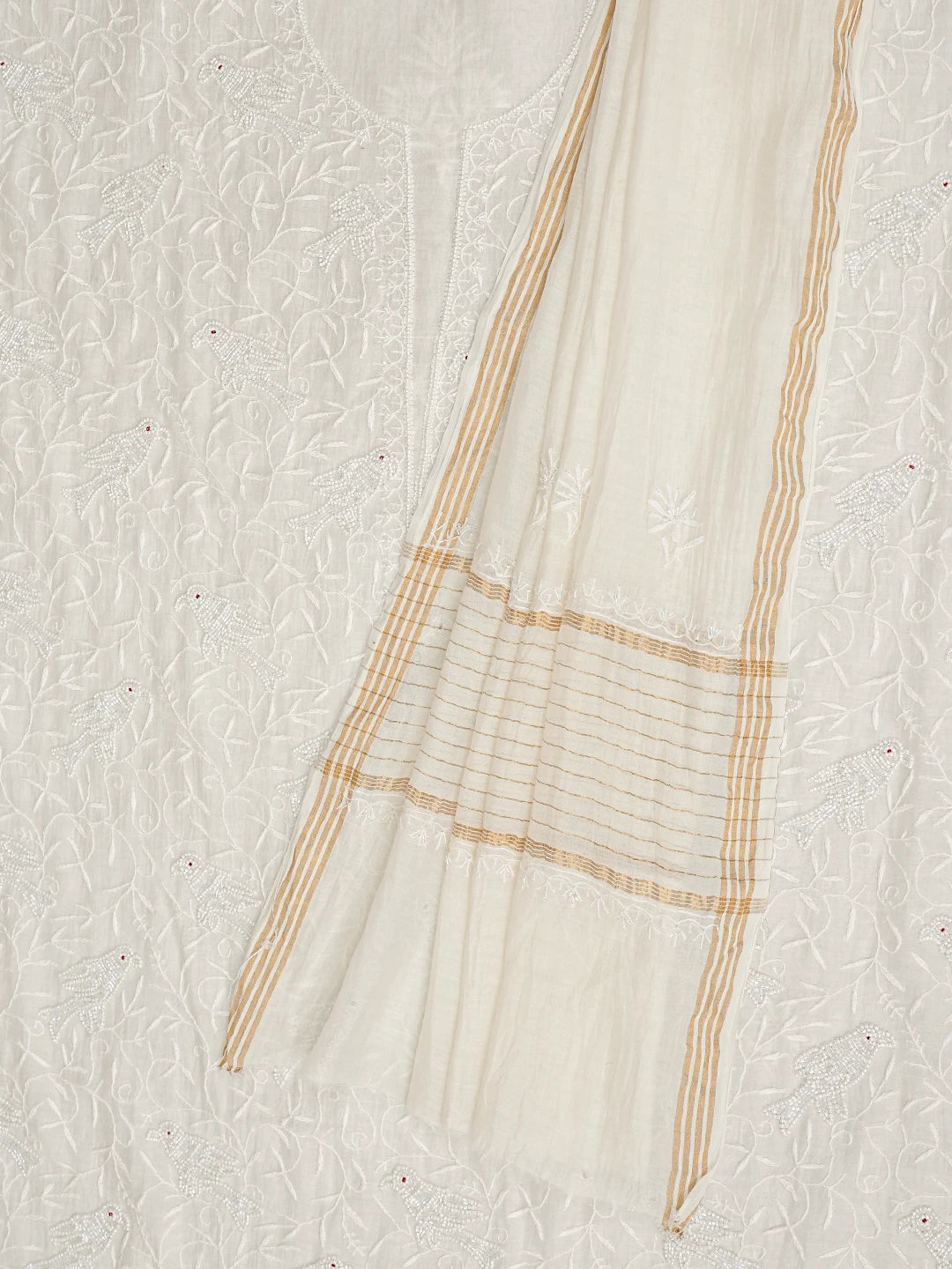 Ada Hand Embroidered White Chanderi Lucknowi Chikankari Unstitched Kurta Dupatta Set With Pearl Work 01A818461