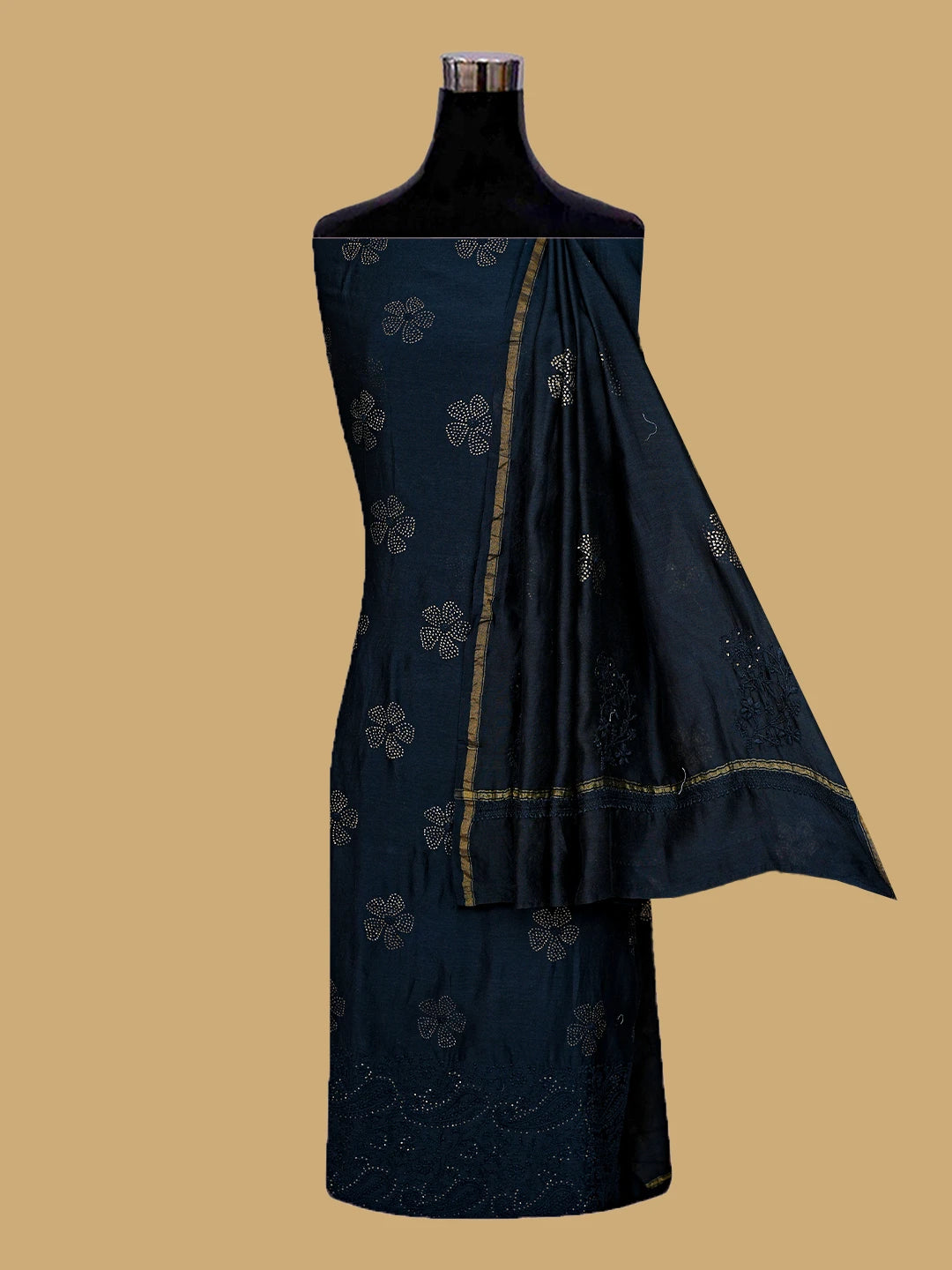 Ada Hand Embroidered Black Chanderi Lucknowi Chikankari Unstitched Kurta Dupatta Set With Muqaish Work A614202