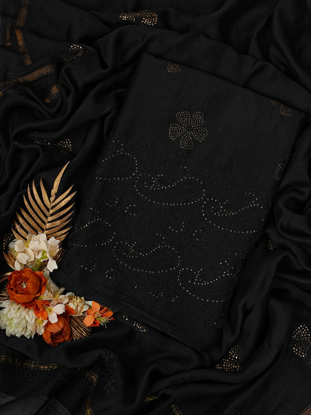 Ada Hand Embroidered Black Chanderi Lucknowi Chikankari Unstitched Kurta Dupatta Set With Muqaish Work A614202