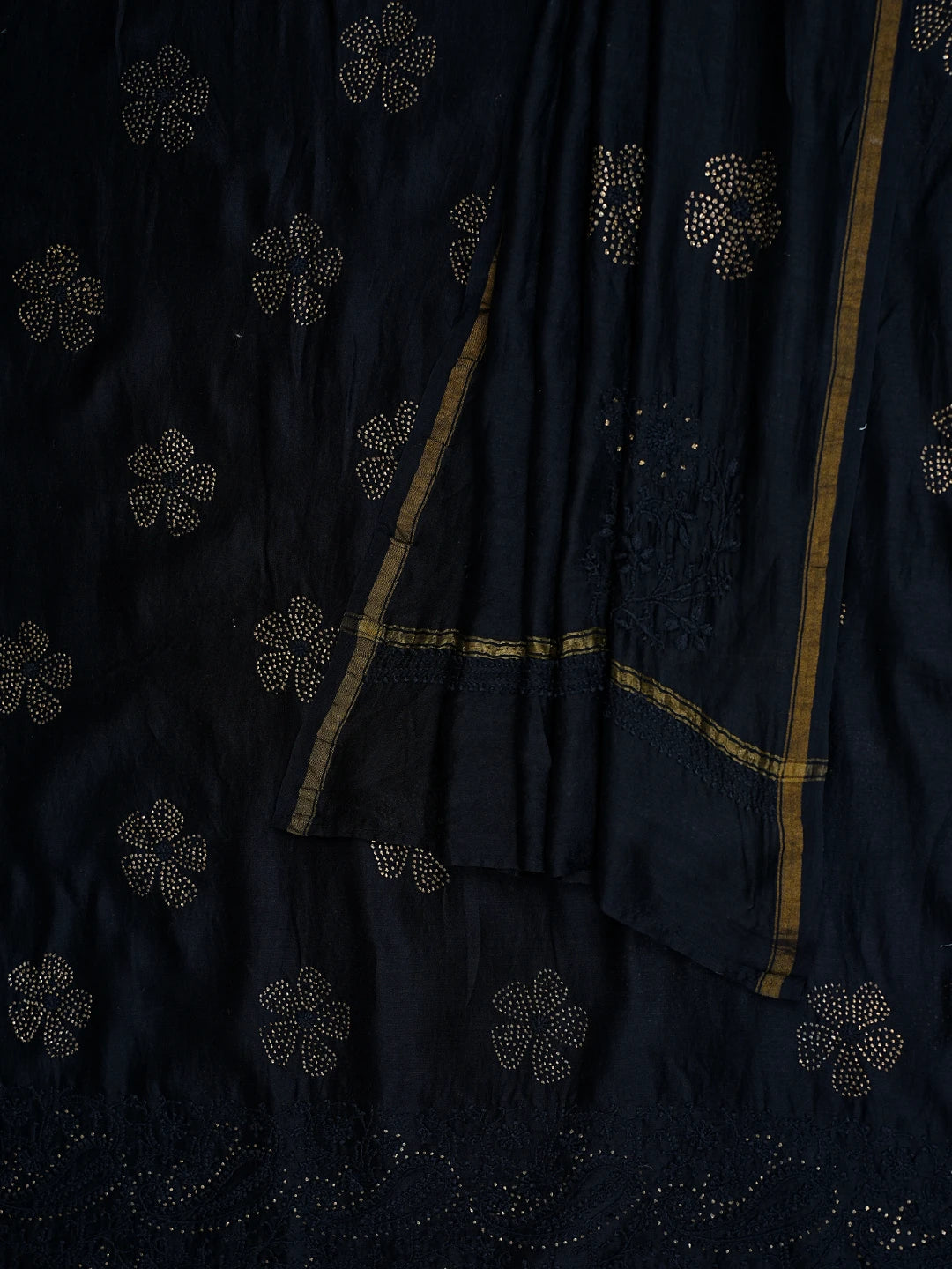 Ada Hand Embroidered Black Chanderi Lucknowi Chikankari Unstitched Kurta Dupatta Set With Muqaish Work A614202