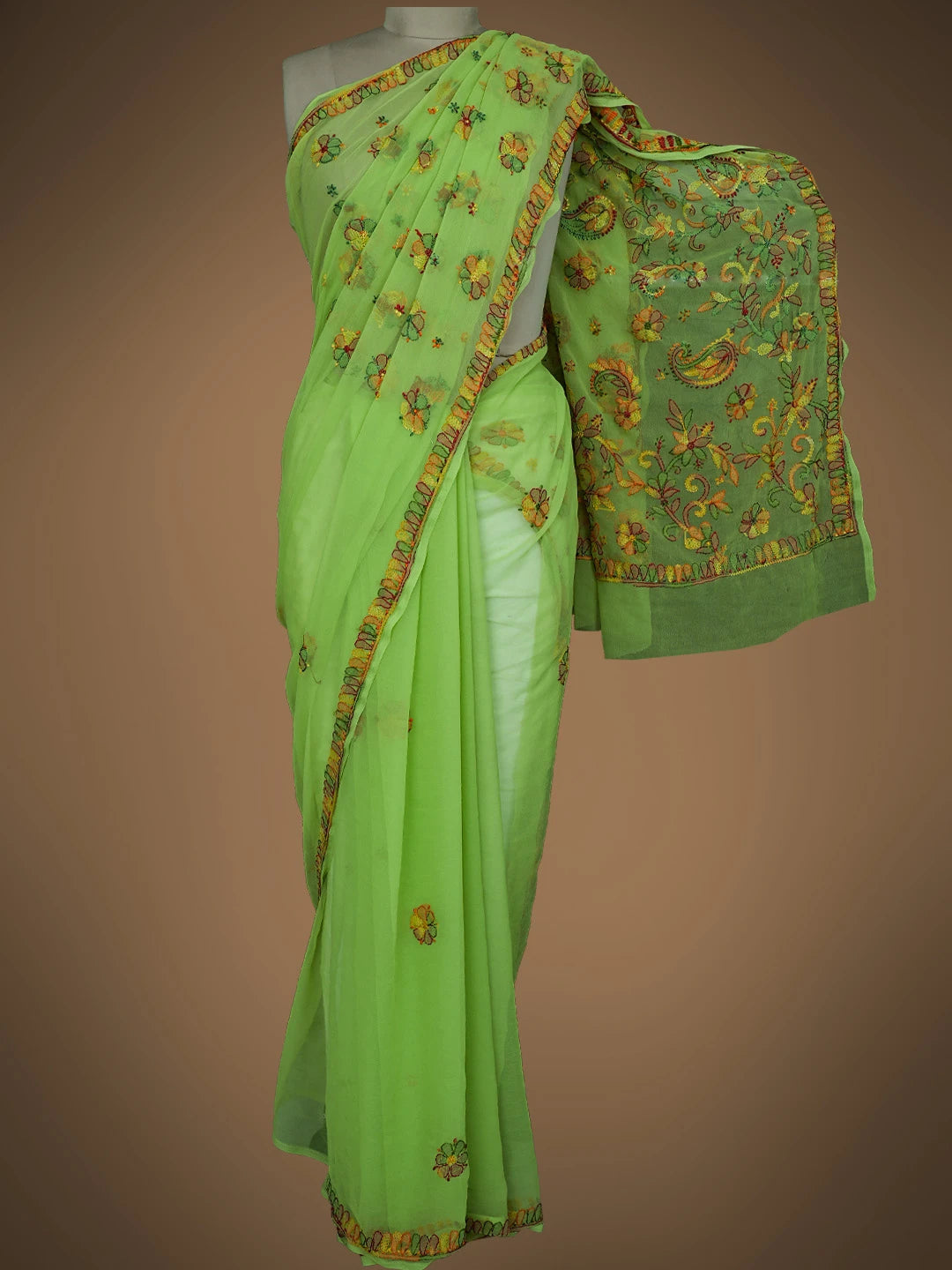 Ada Hand Embroidered Lime Green Georgette Lucknowi Chikankari Saree and Blouse 01A823390